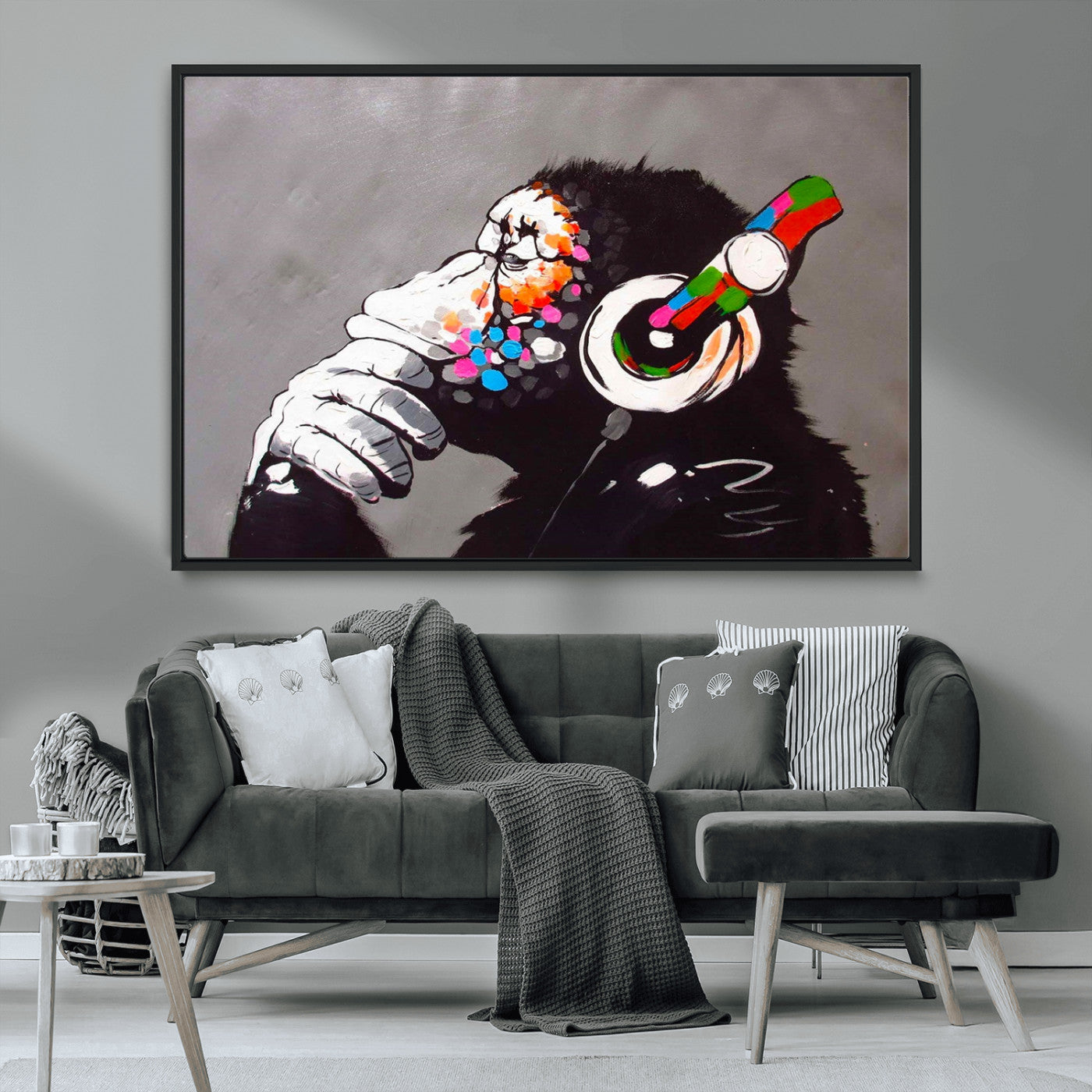 MGV-FC-36X24 - Dj Monkey Listening to Music Wall Art Print | Banksy Monkey Large Canvas Print for Living Room,