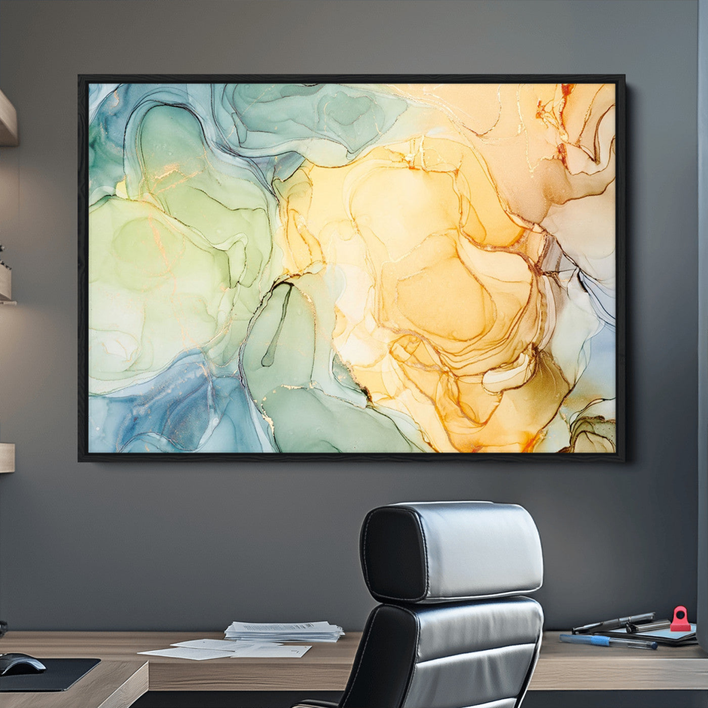 42195-MGV-CV-36X24-Green and Yellow Marble Fluid Effect Wall Art, Green and Yellow Marble Canvas Wall Art Print
