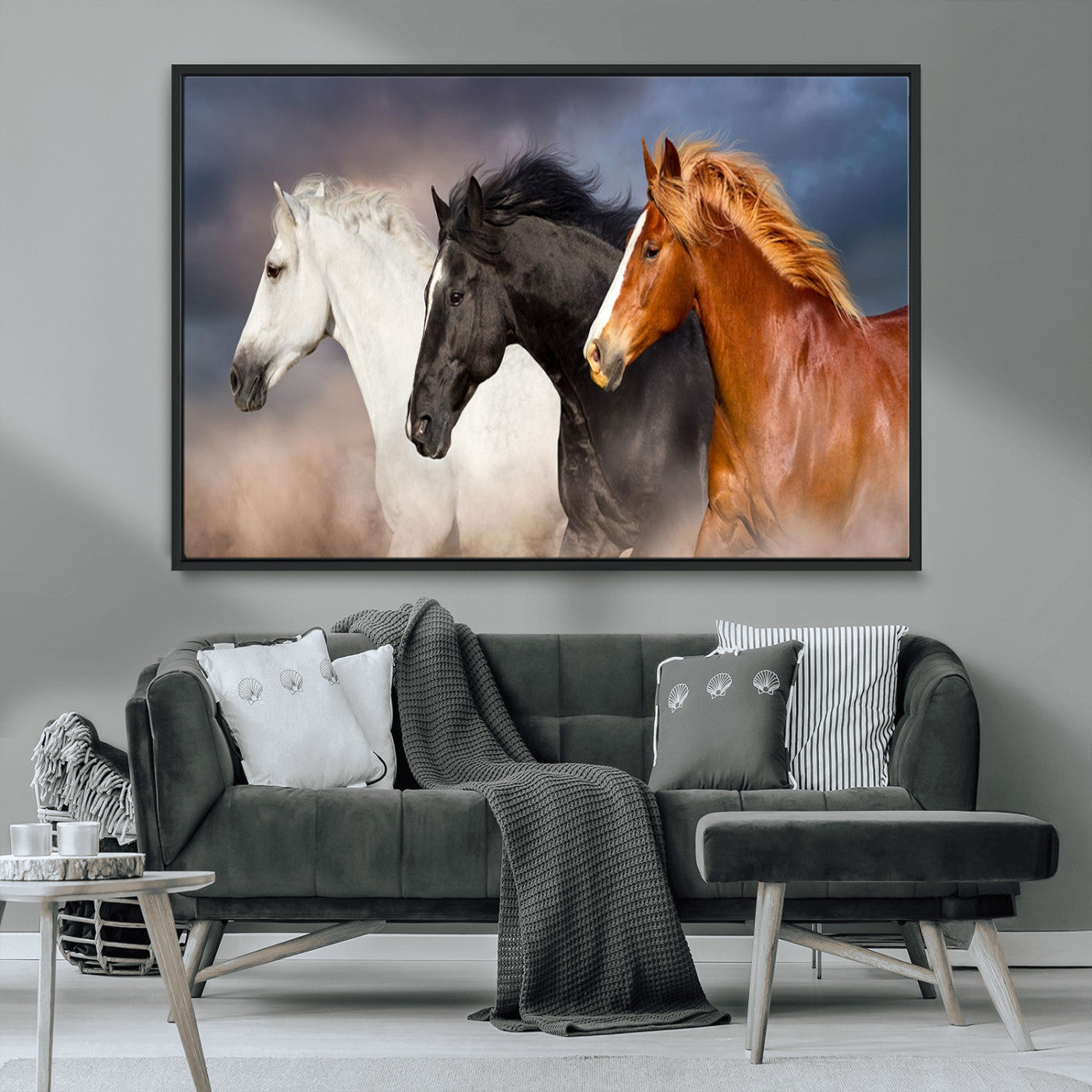 MGV-FC-36X24 - Animal Wall Art Three Horses Farmhouse Art Canvas, Framed Three Horses Canvas Print