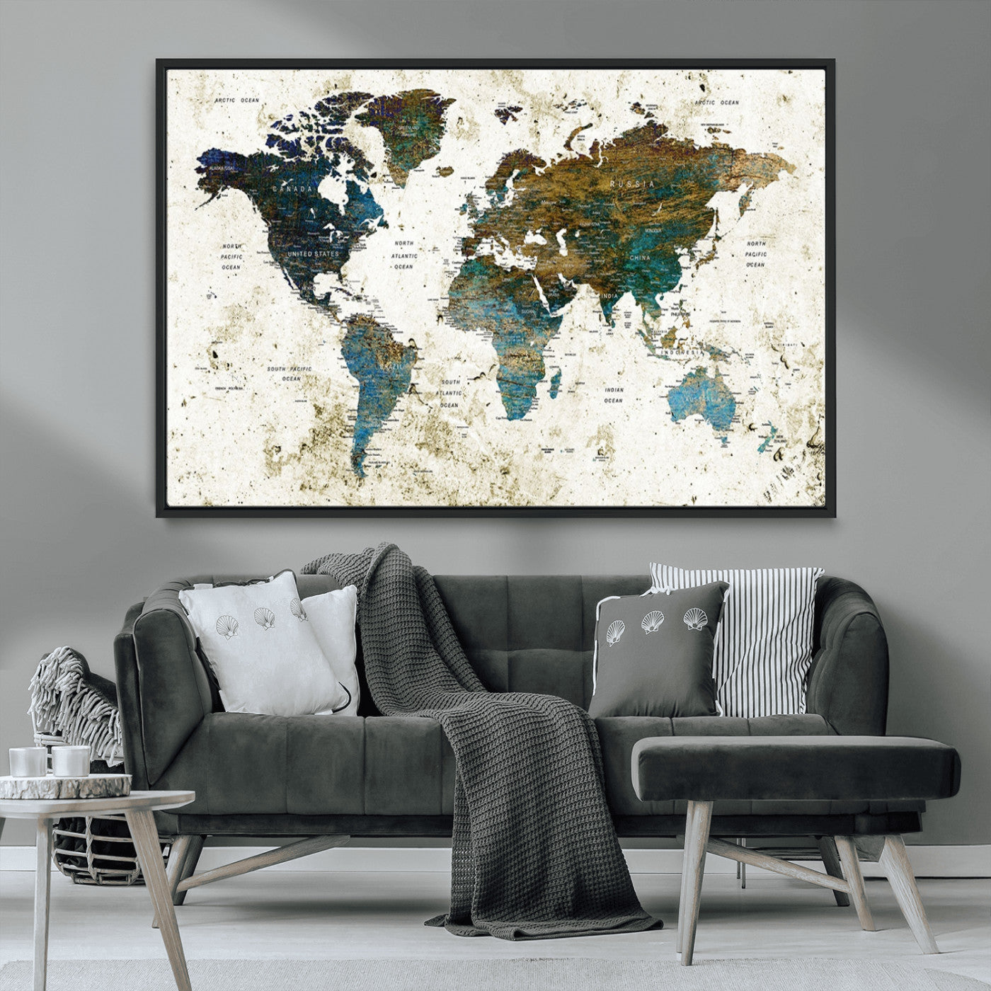 MGV-FC-36X24 - Vintage World Map Wall Art Canvas Print, Framed Rustic Earth Map Art Picture Print, Antique Map Perfect Rustic Vintage Decor Artwork