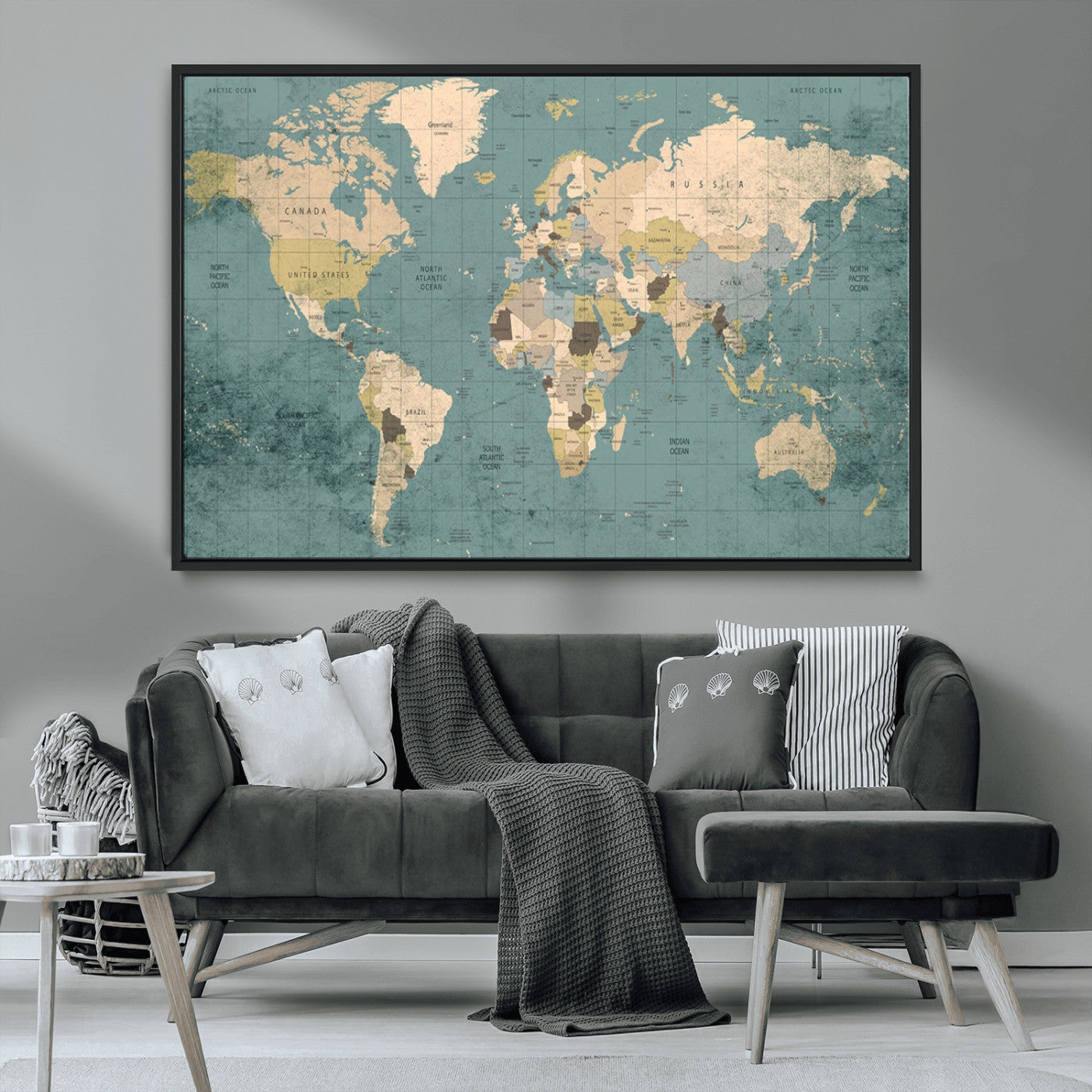 MGV-FC-36X24 - Classic World Map Wall Art Canvas Print, Framed Retro Map Art Picture Print, Vintage Atlas Perfect Rustic Explorer Decor Artwork