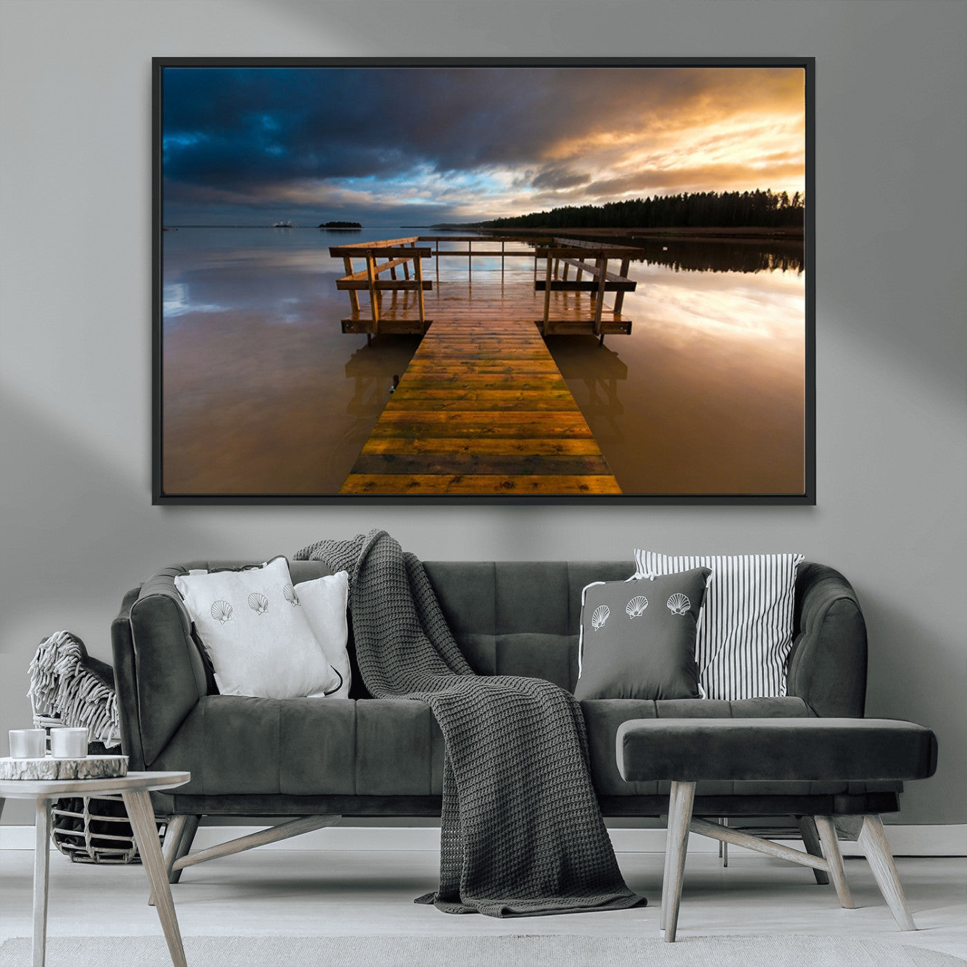 MGV-FC-36X24 - Serene Lake Pier at Sunset Canvas Print | Landscape Canvas Print | Ready to Hang and Framed Wall Art