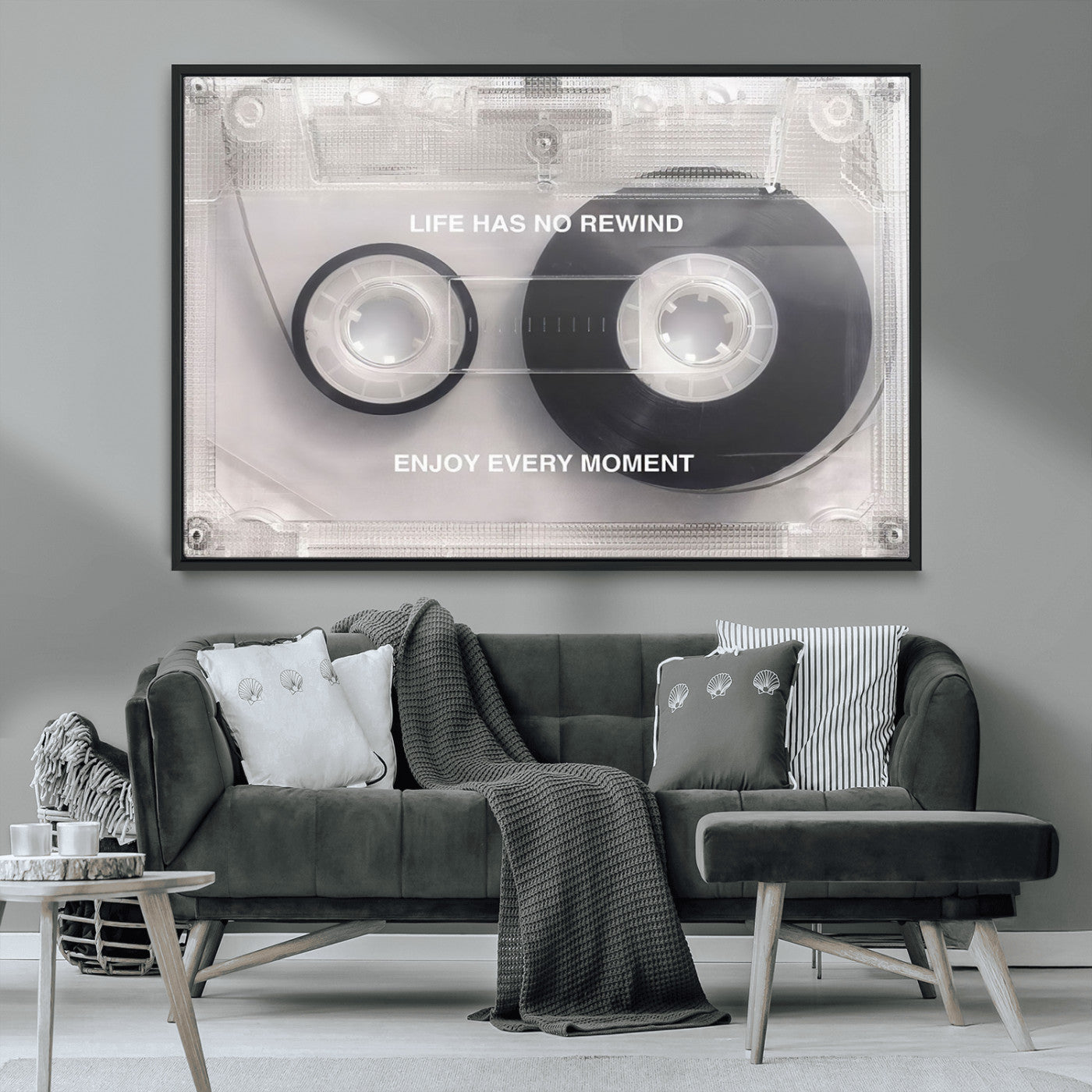 MGV-FC-36X24 - Vintage Cassette Tape Canvas Wall Art - Inspirational 'Life Has No Rewind' Quote, Retro Music Decor