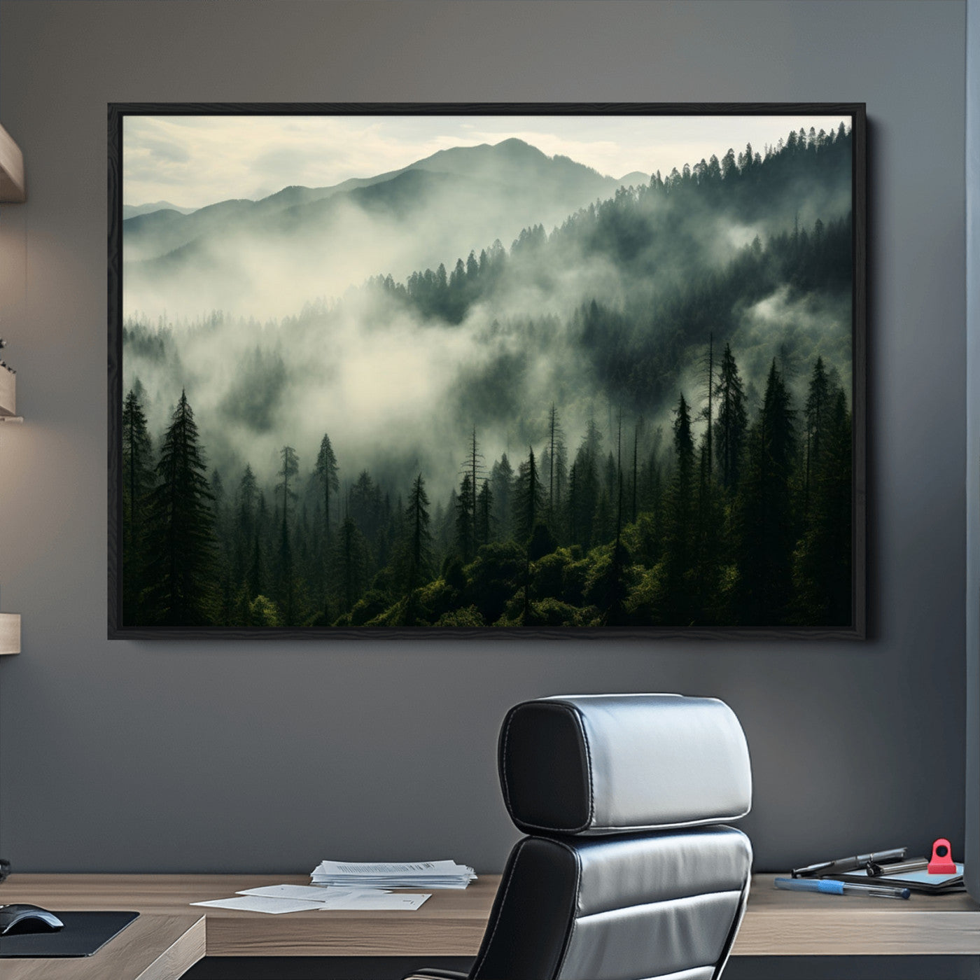25295-MGV-CV-36X24-Captivating Misty Forest Wall Art Premium Canvas Print a Foggy and Serene Atmosphere