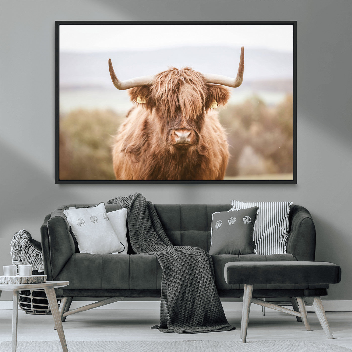 MGV-FC-36X24 - Scottish Serene Highland Cow Canvas Wall Art – Serene Highland Cow in Natural Pastel Tones – Ready