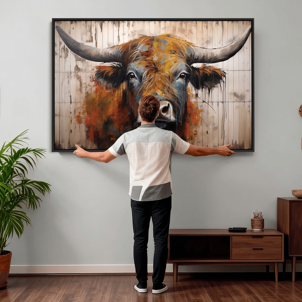 47284-MGV-CV-24X16 - Abstract Bull Highland Cow Canvas Wall Art Print