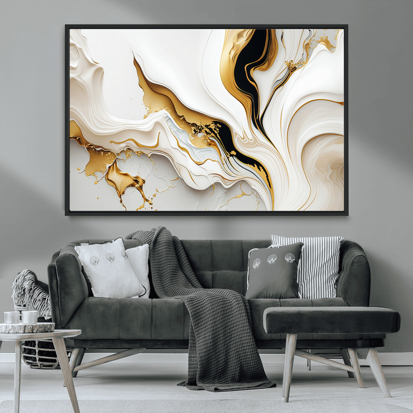 -Gold Waves on Pure White Canvas – Gold Abstract Art for Modern Interiors | Wall Art Canvas, Framed &