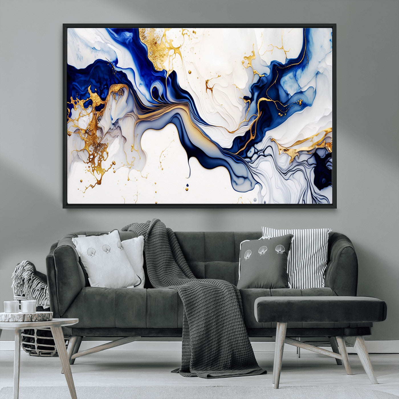 MGV-FC-36X24 - Golden Cascades on Midnight Blue – Deep Blue Abstract Wall Art Flowing Elegance | Wall Art Canvas,