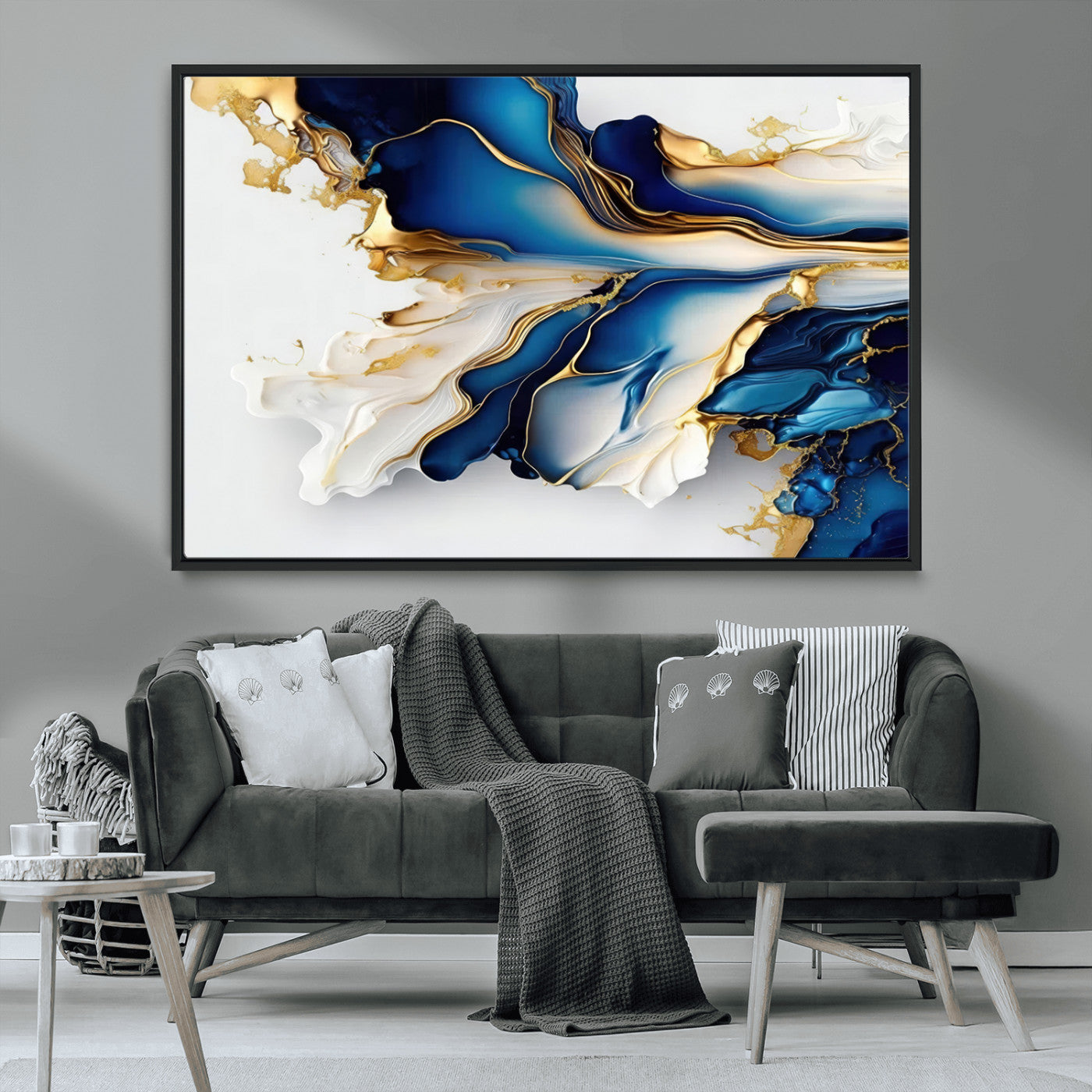 MGV-FC-36X24 - Gold Marble Art - Abstract Geode Gold And Blue Marble Shape 3 Pieces Wall Art Canvas Print