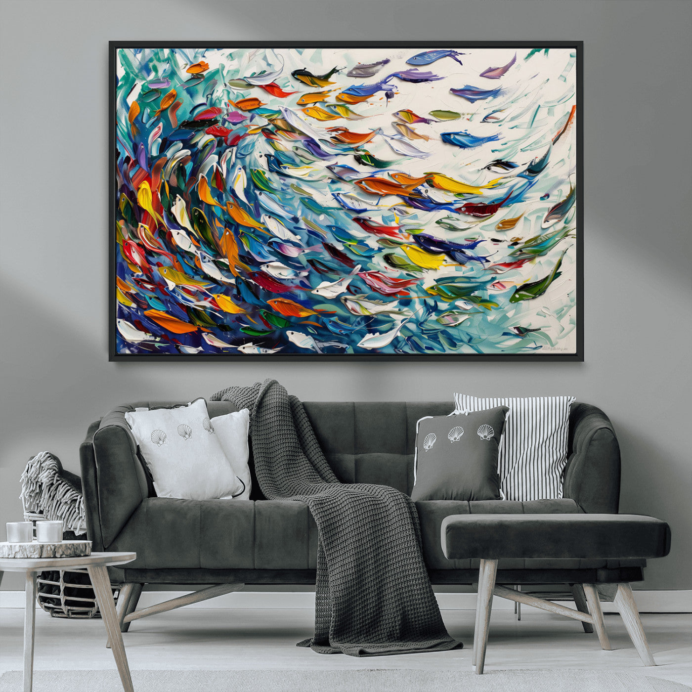MGV-FC-36X24 - Modern Abstract Fish Shoal Wall Art Canvas Print, Colorful Fish Herd Painting on Canvas Print, Ocean