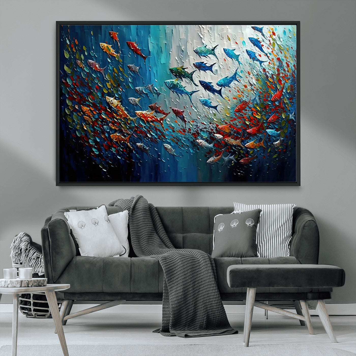 MGV-FC-36X24 - Modern Abstract Fish Shoal Wall Art Canvas Print, Colorful Fish Herd Painting on Canvas Print, Ocean