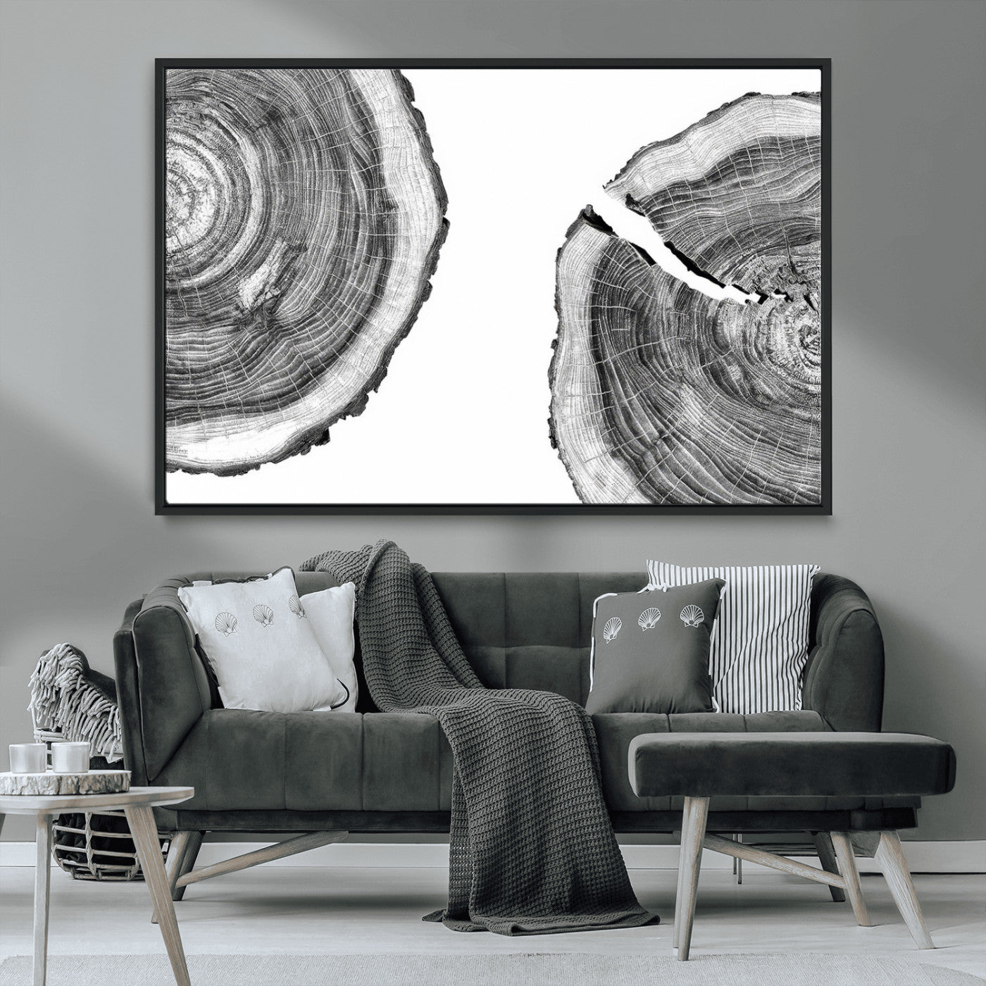 MGV-FC-36X24 - Abstract Large Tree Rings – Minimalist Black and White Wood Art | Triptych Canvas, Modern Wall Decor