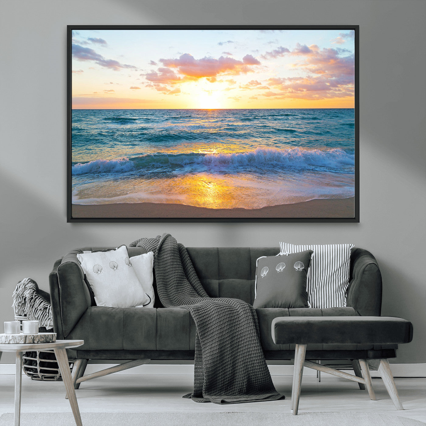 MGV-FC-36X24 - Golden Sunset Over Ocean Waves - Serene Coastal Triptych Wall Art for Relaxing Home Decor, Ready to