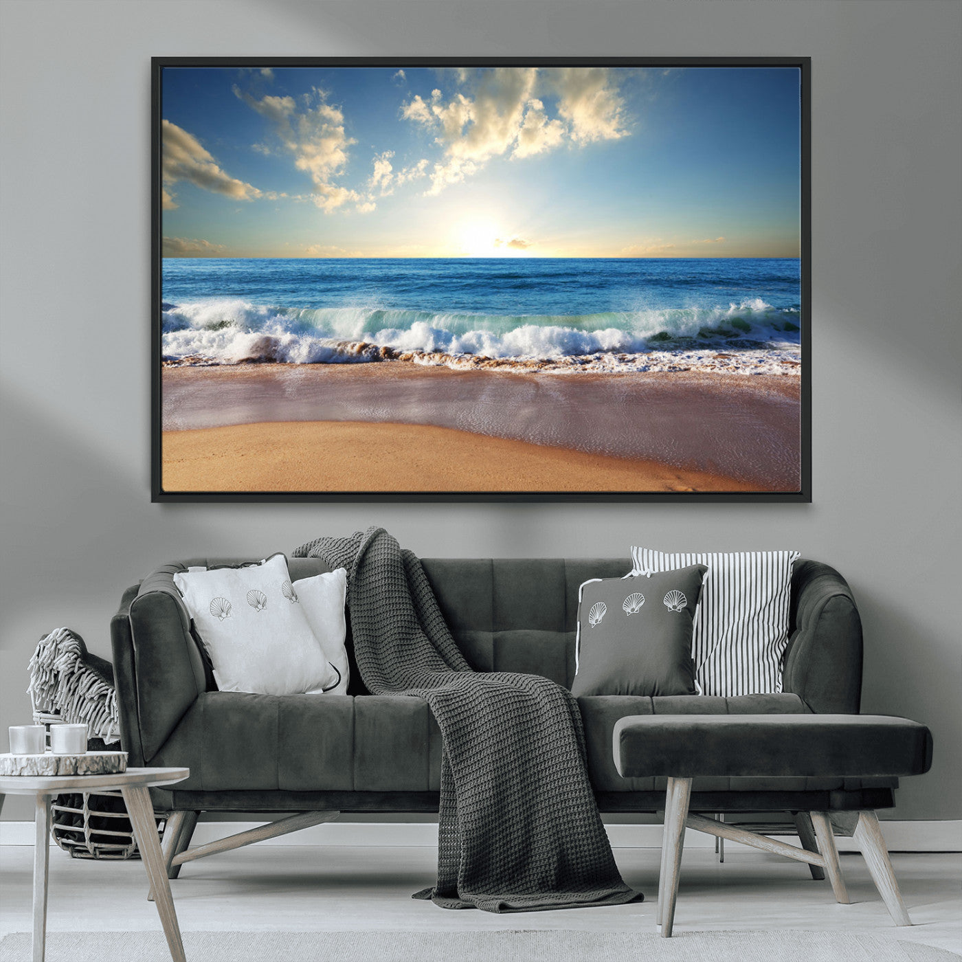 MGV-FC-36X24 - Serene Ocean Sunset Canvas Wall Art - Beach Waves at Sunset, Ready to Hang