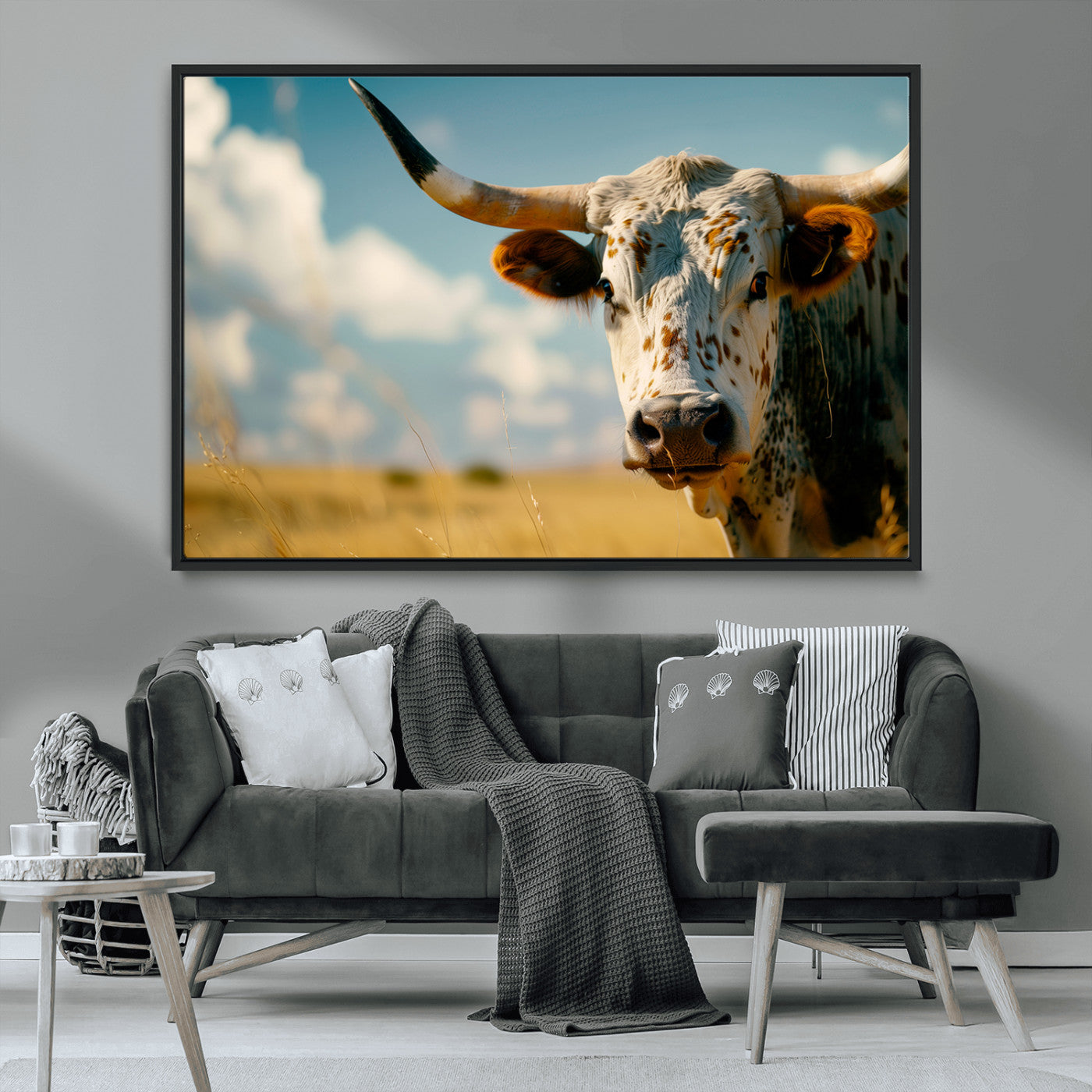MGV-FC-36X24 - Longhorn in the Prairie - Stunning Ranch-Style Triptych Wall Art for Western Home Decor, Cowboy Wall