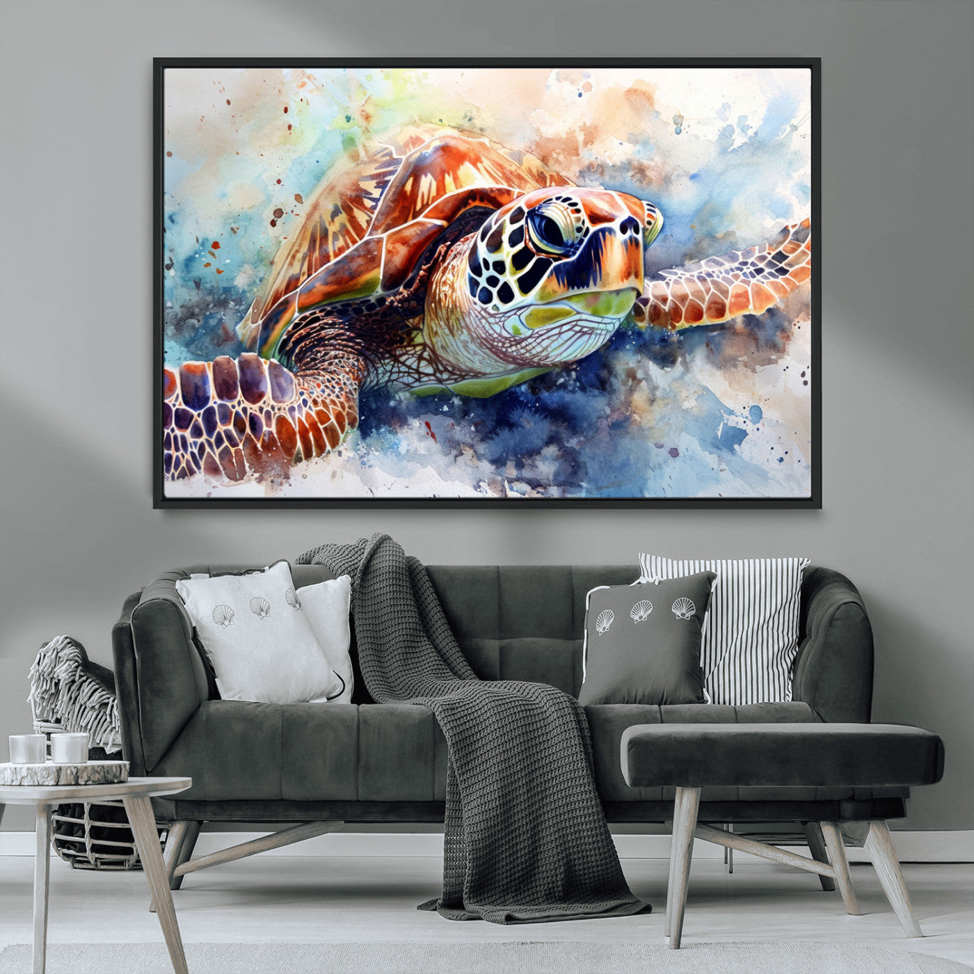 MGV-FC-36X24 - Watercolor Sea Turtle Wall Art Canvas Print - Vibrant Ocean Colors in Watercolor Style - Ready to