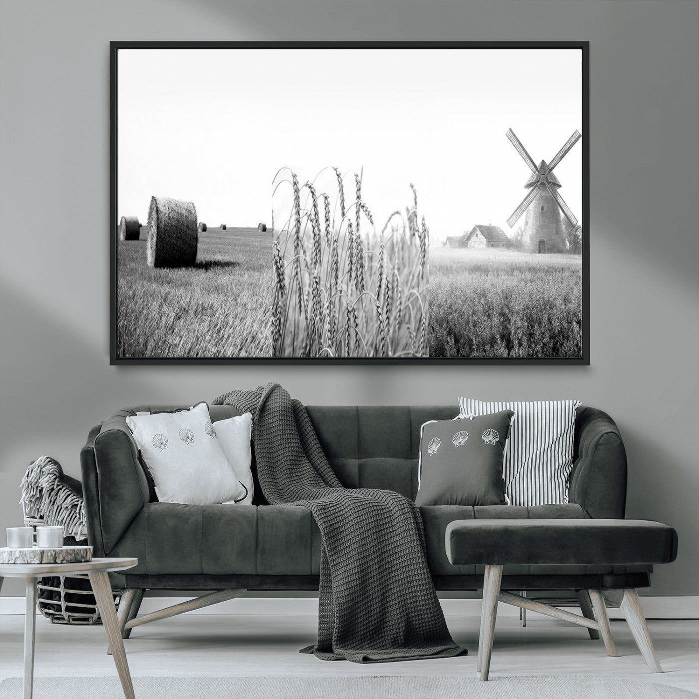 MGV-FC-36X24 - Vintage Farmhouse Black and White Triptych Wall Art – Giclee Canvas Featuring Wheat Fields, Hay