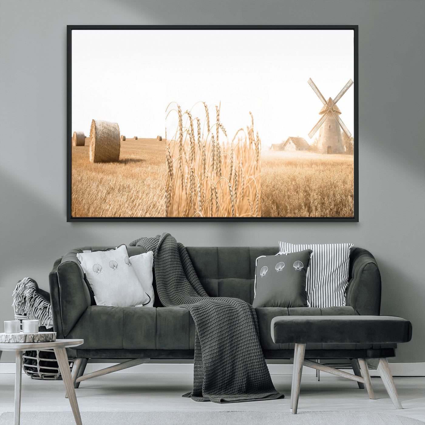 MGV-FC-36X24 - Vintage Farmhouse Triptych Wall Art – Giclée Canvas Featuring Wheat Fields, Hay Bales, and a