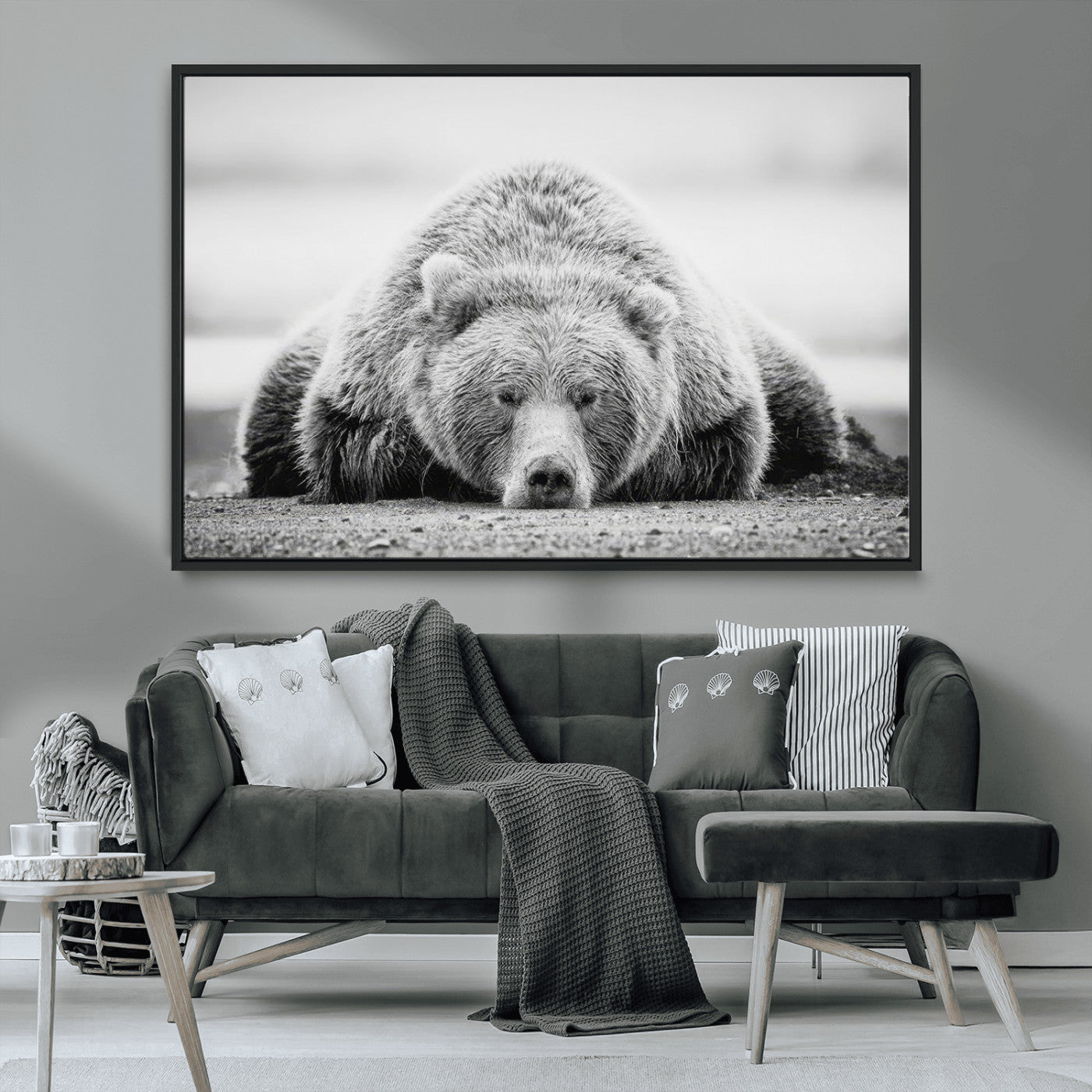 MGV-FC-36X24 - Resting Grizzly Bear Wall Art Canvas Print – Majestic Lazy Black and White Wildlife Bear Art,