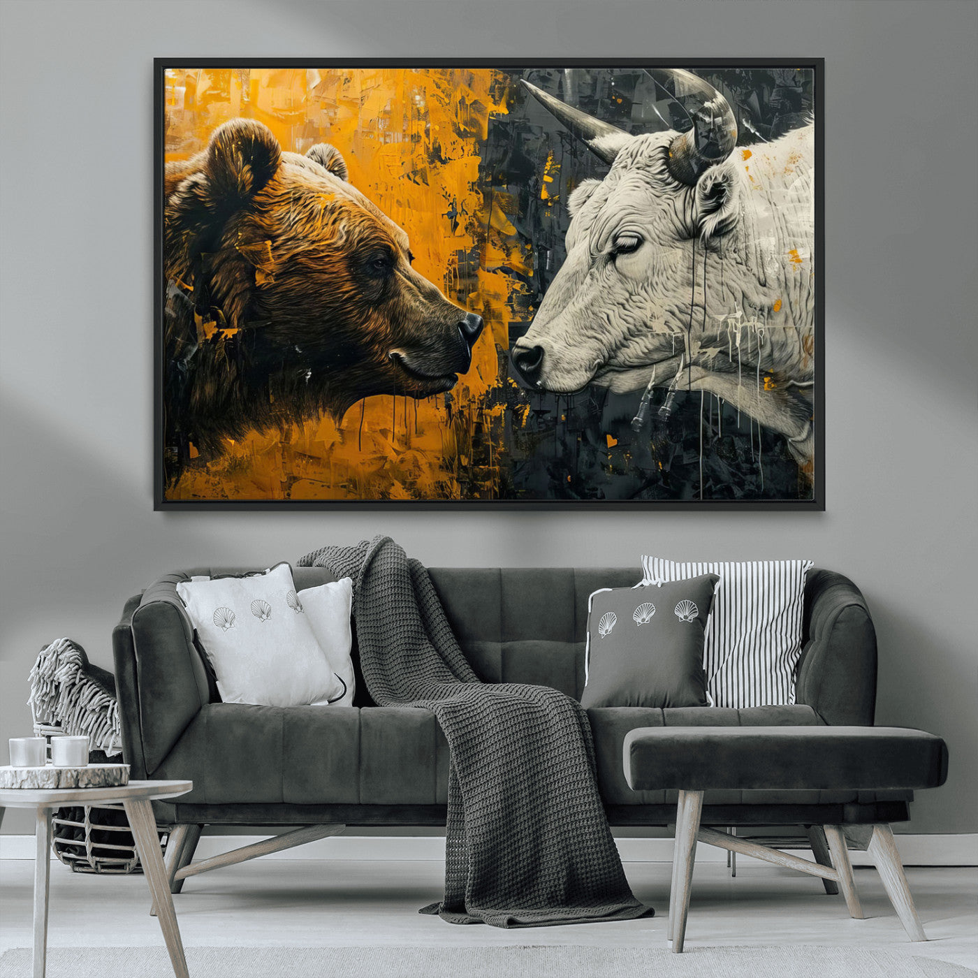 MGV-FC-36X24 - Bear and Bull Wall Art Canvas Print – Abstract Animal Portrait Painting for Modern Home Decor –