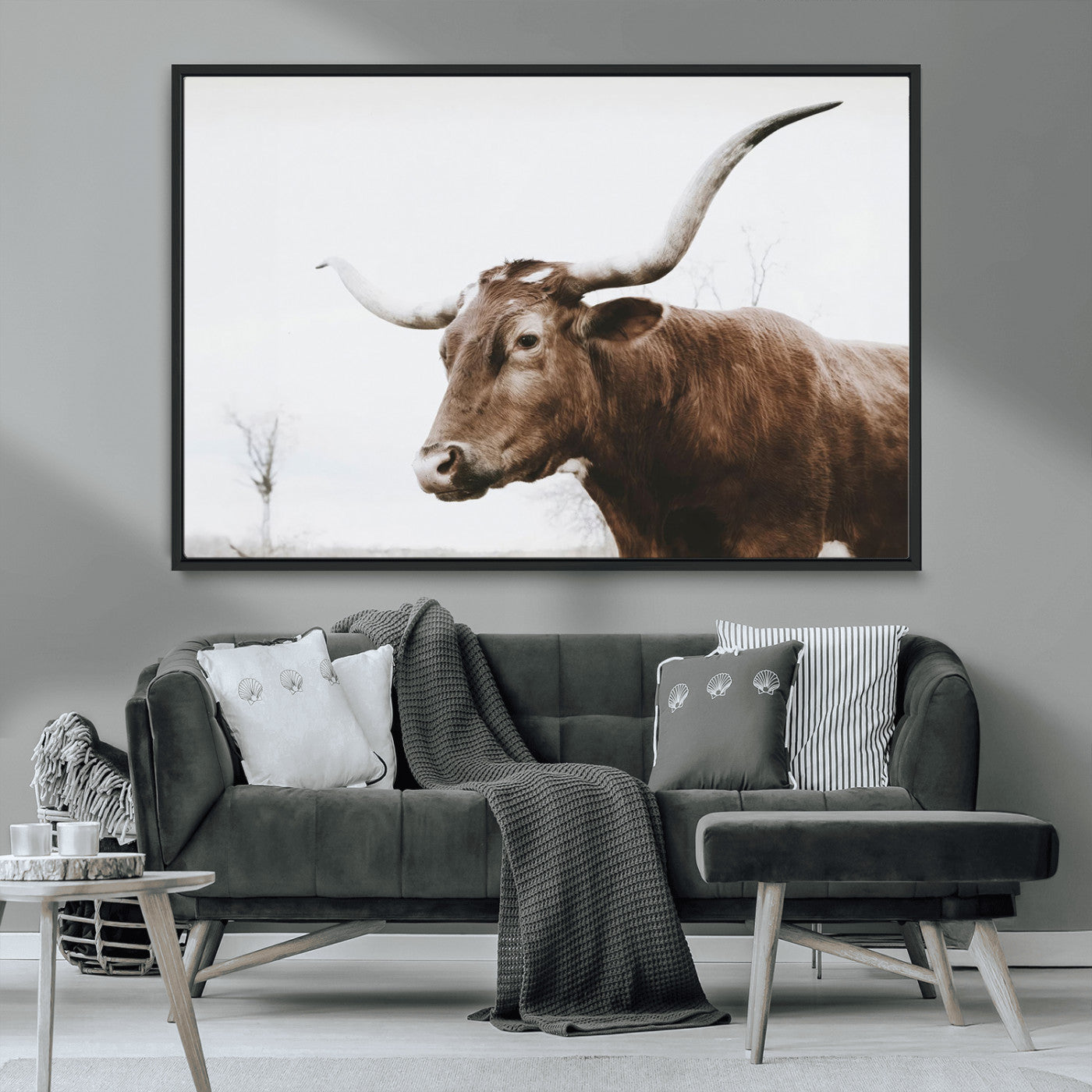 MGV-FC-36X24 - Rustic Bull Wall Art Canvas Print – Modern Longhorn Farmhouse Animal Decor – Abstract Farm Cow