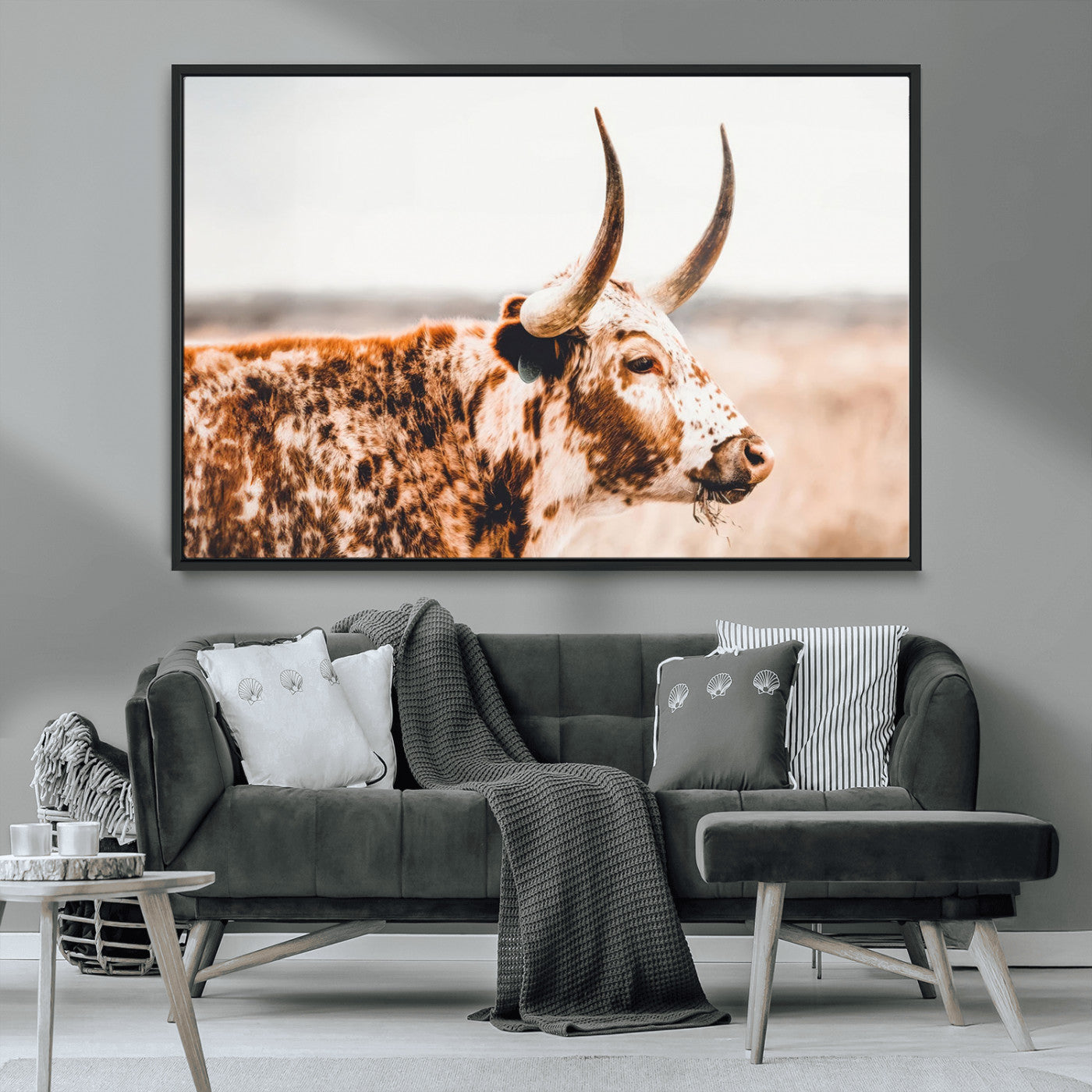 -Speckled Bull Wall Art Canvas Print – Rustic Cow Longhorn Farmhouse Animal Decor – Western Longhorn