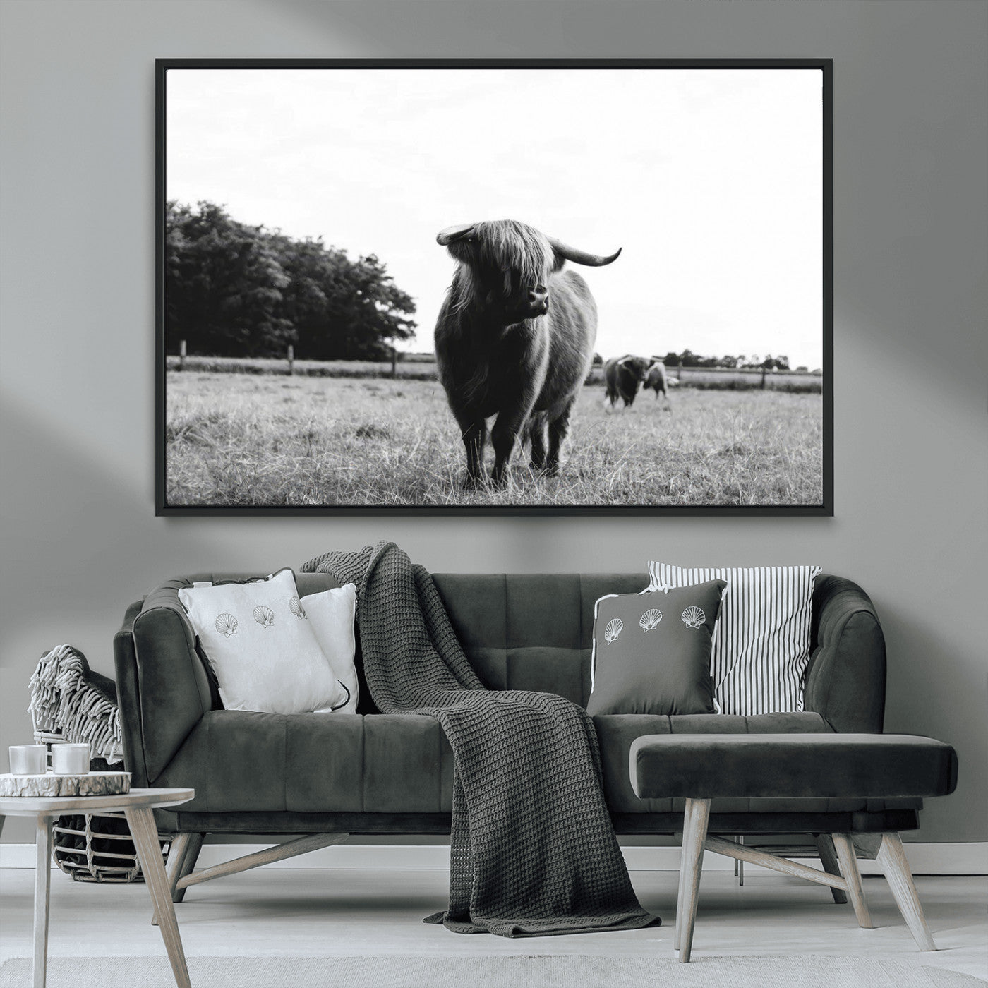 MGV-FC-36X24 - Black and White Highland Cow Wall Art Canvas Print | Rustic Western Decor for Living Room or Office,