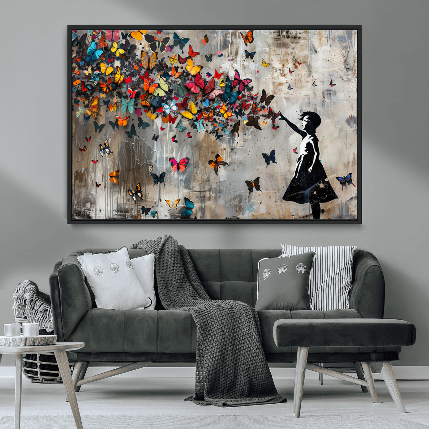 MGV-FC-36X24 - Banksy Wall Art - Banksy Girl and Butterfly Explosion Wall Art Canvas Print | Girl with Butterflies