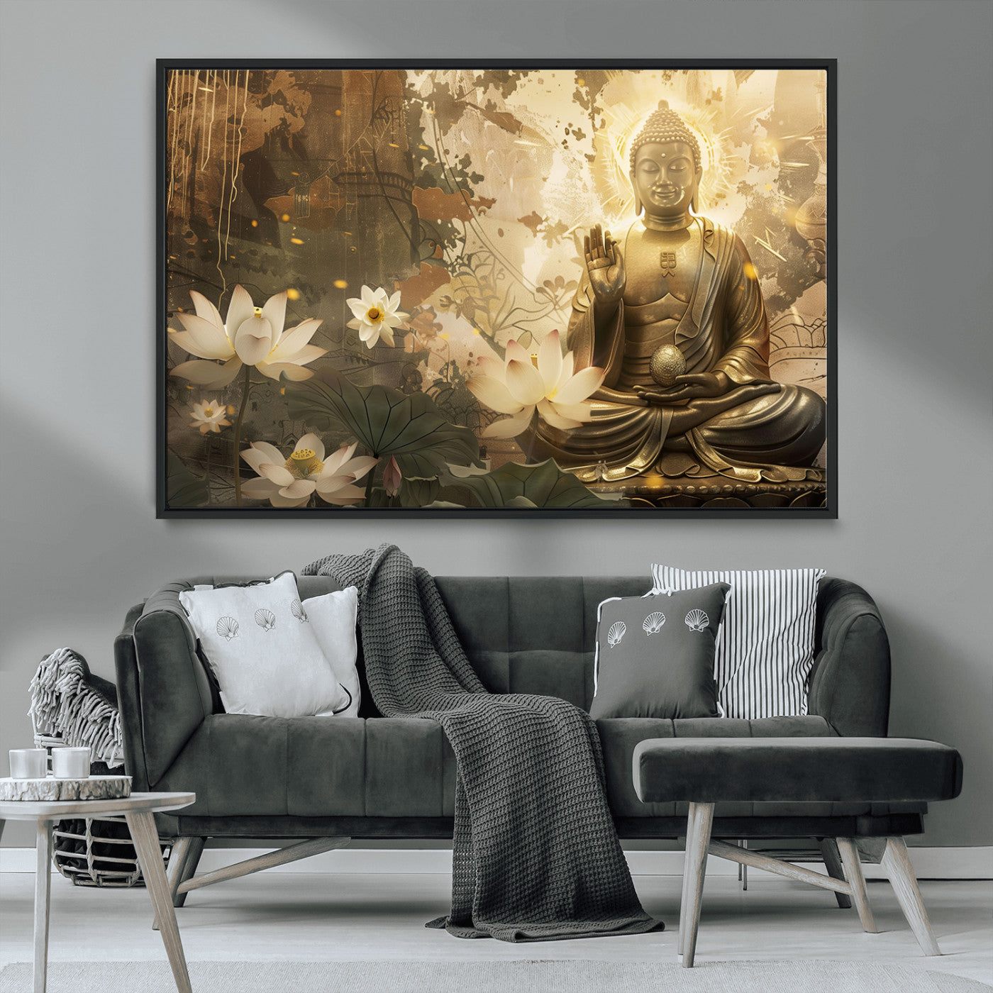 MGV-FC-36X24 - Zen Buddha Wall Art Canvas Print | Peaceful Meditation Decor with Lotus Flowers | Spiritual Serenity