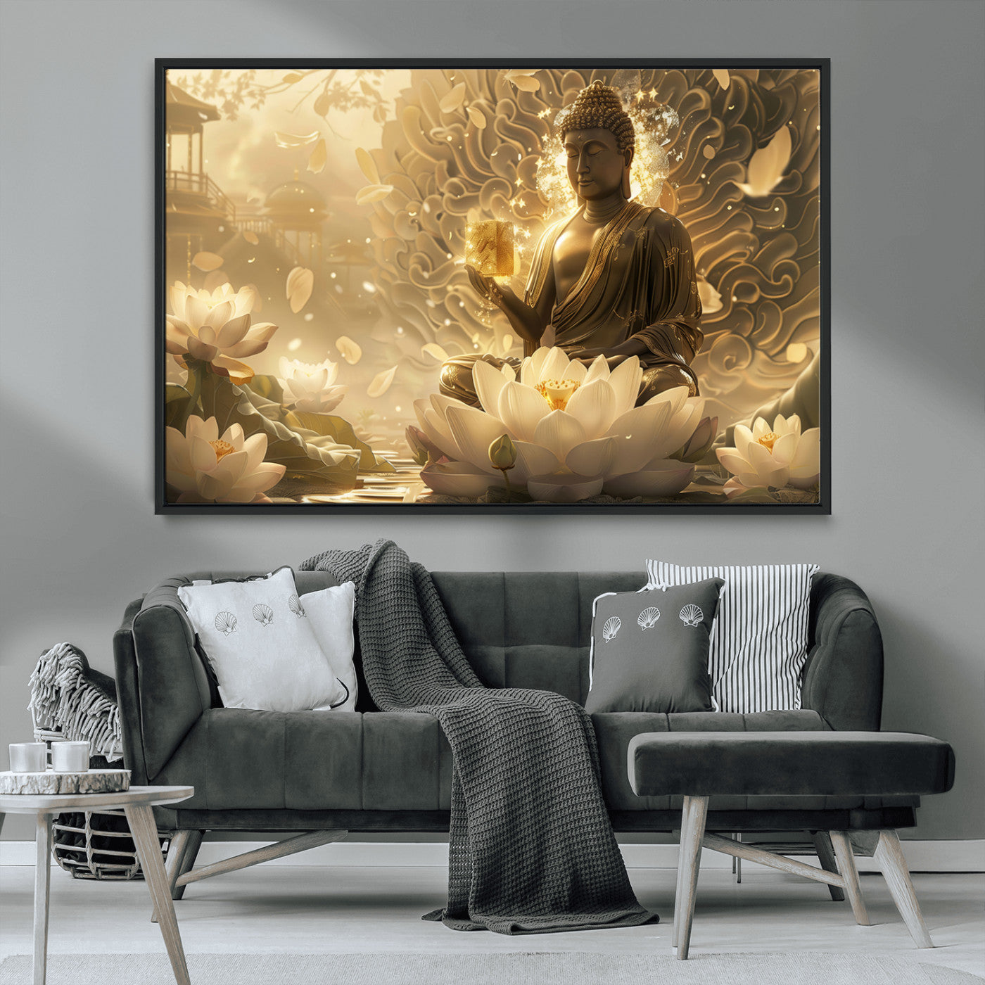 MGV-FC-36X24 - Golden Buddha Wall Art | Yoga Room Decor and Meditation Room Wall Art | Framed and Ready to Hang