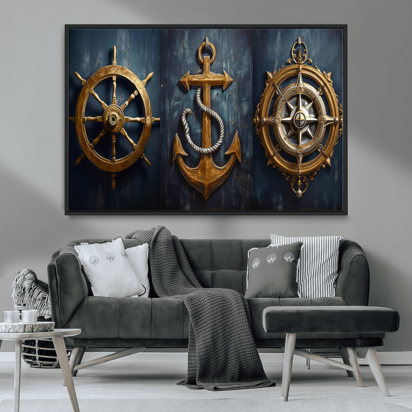 MGV-FC-36X24 - Boat Anchor Compass With Rope Wall Art Canvas Print | Beach House Wall Art