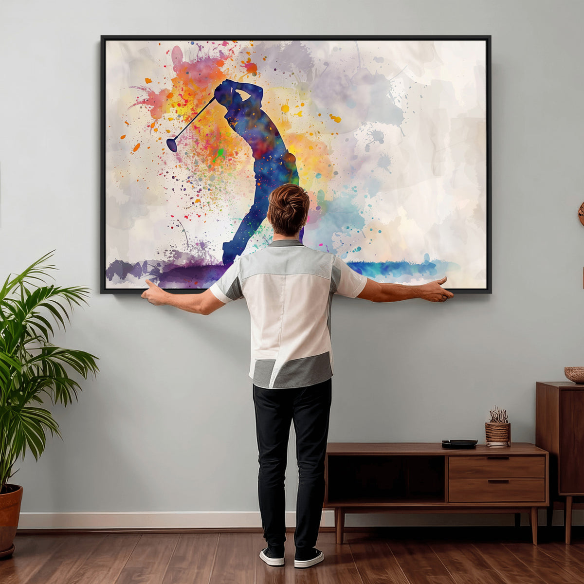 89625-MGV-CV-36X24 - Vibrant Watercolor Golf Swing Wall Art Canvas Print | Extra Large 3 Piece Canvas Wall Art