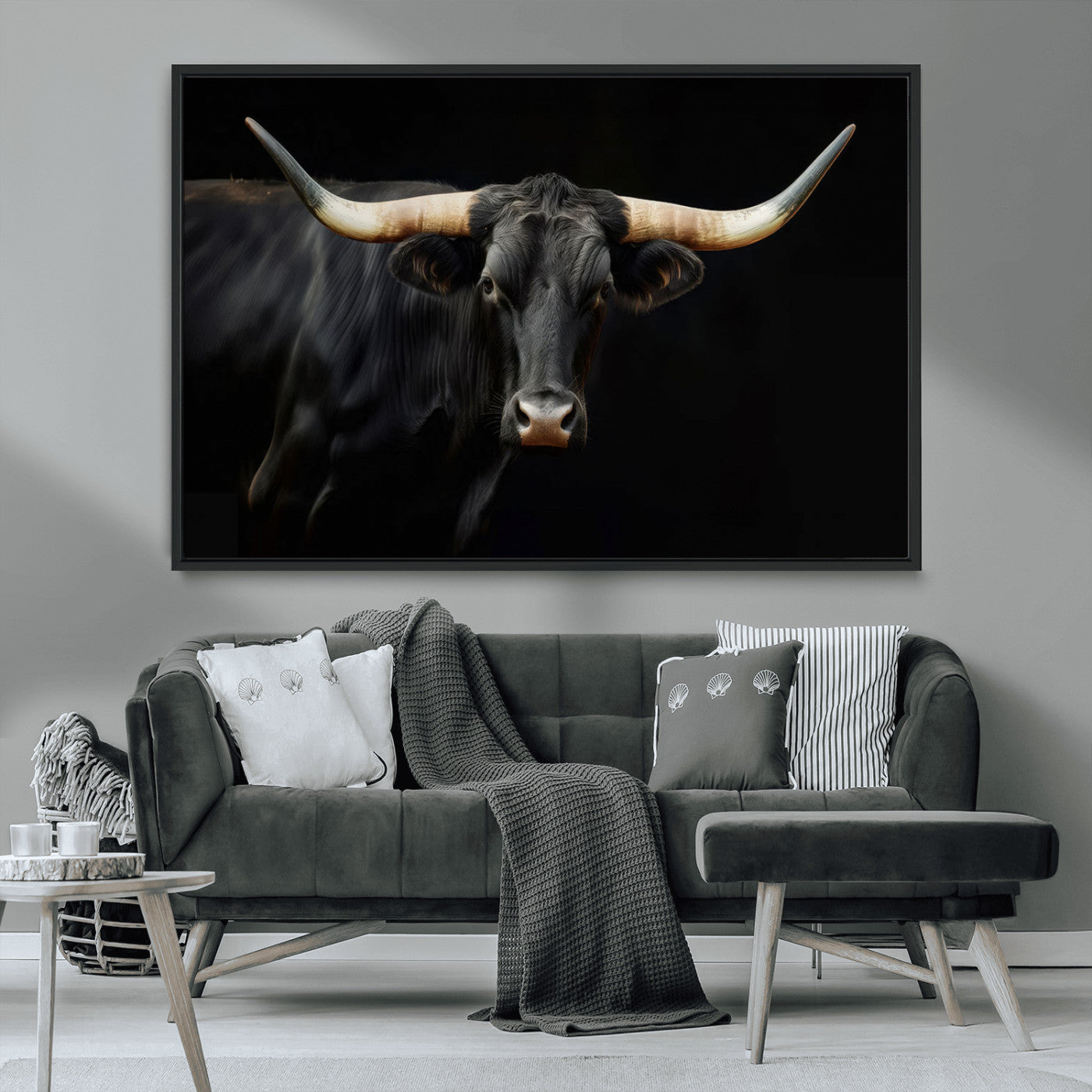 MGV-FC-36X24 - Texas Longhorn Cow | Majestic Black Bull Wall Art Canvas Print - Farmhouse Animal Decor - Ready to
