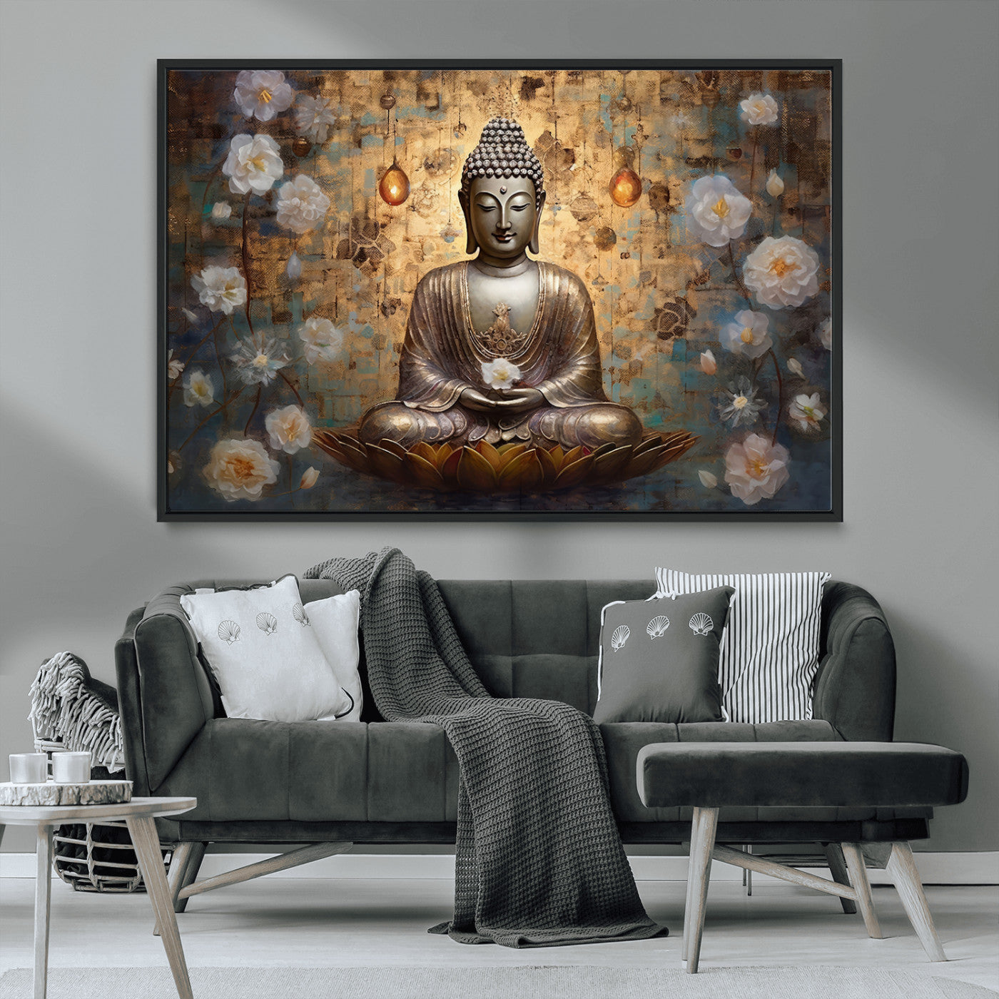 MGV-FC-36X24 - Golden Buddha Wall Art Canvas Print | Zen Meditation Floral Decor | Tranquil Spiritual Home Art |