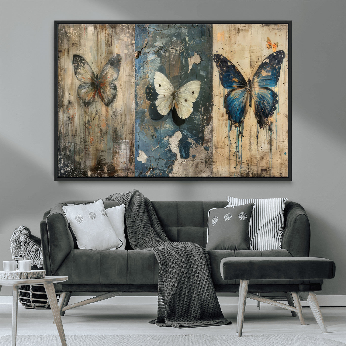 MGV-FC-36X24 - Butterfly Wall Art Trio | Vintage Butterfly Canvas Print | Ready to Hang Framed Artwork for