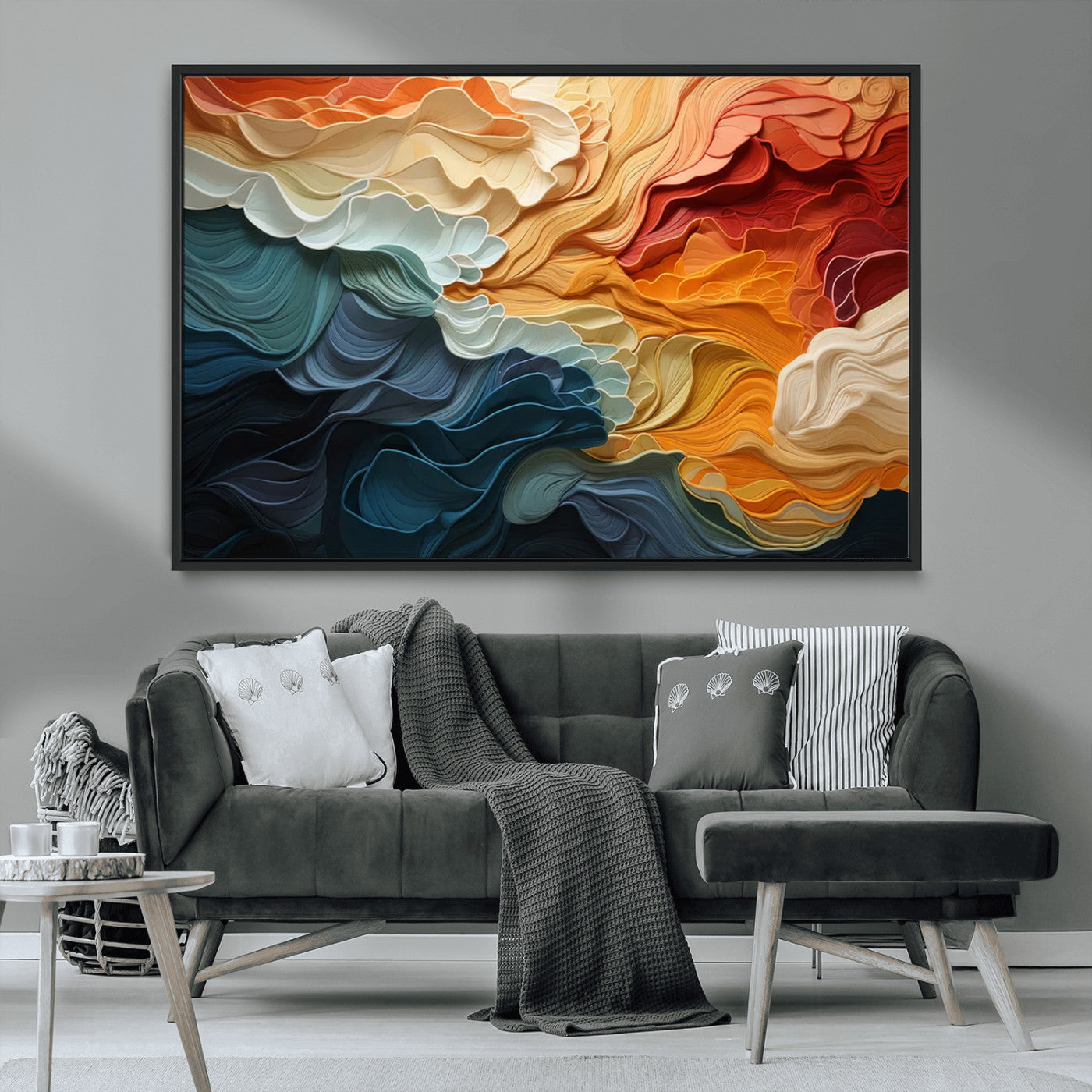 MGV-FC-36X24 - Blue Orange Abstract Wave Wall Art Canvas Print, Framed Blue Orange Wave Wall Art