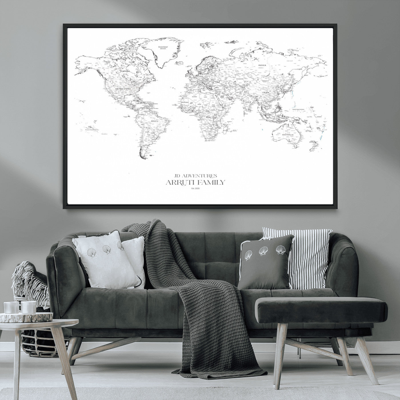 MGV-FC-36X24 - Custom World Map Wall Art – Personalized Framed Canvas Print with Push Pins for Travel Tracking,