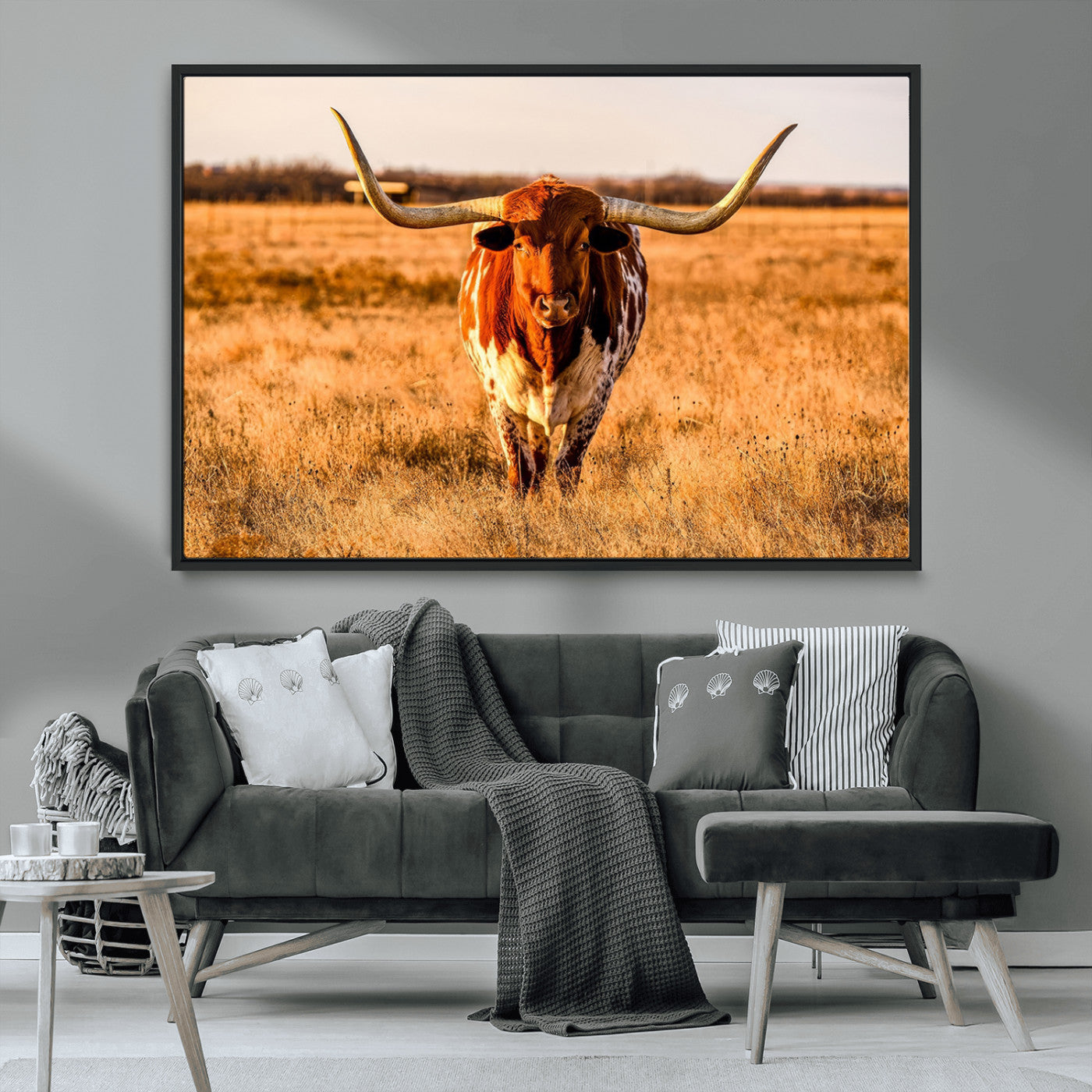 MGV-FC-36X24 - Longhorn Cow Wall Art | Ready to Hang Framed Canvas Print for Farmhouse and Barn Decor