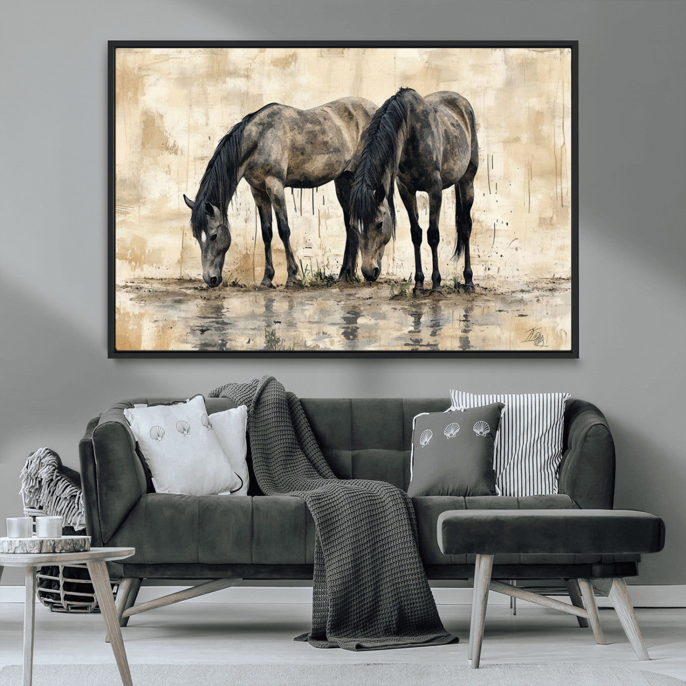 MGV-FC-36X24 - Chinese Style Abstract Black Horses Wall Art Canvas Print - Abstract Horse Wall Art Canvas Print