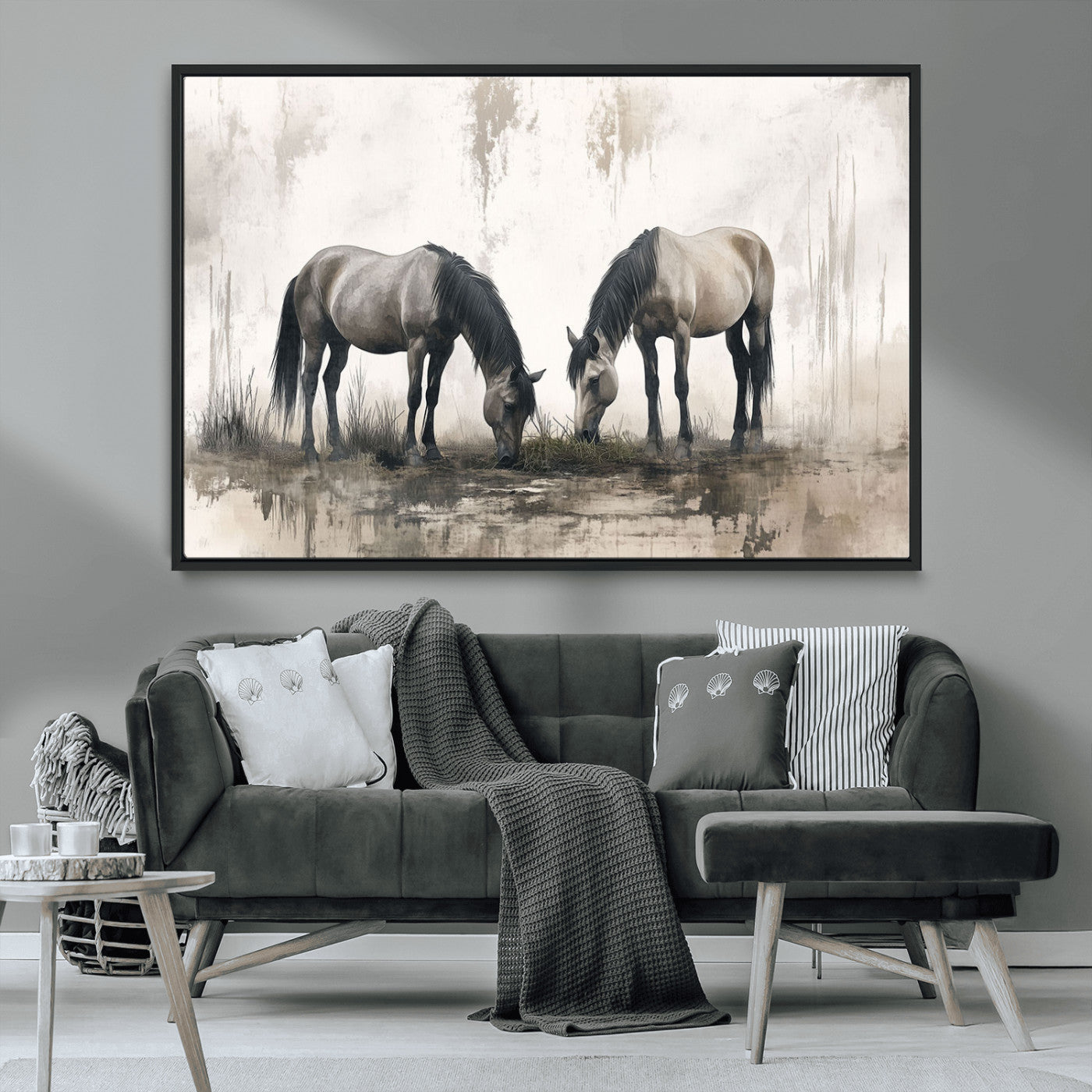 MGV-FC-36X24 - Chines Ink Style Vintage Horses Wall Art Canvas Print for Farmhouse Wall Decor