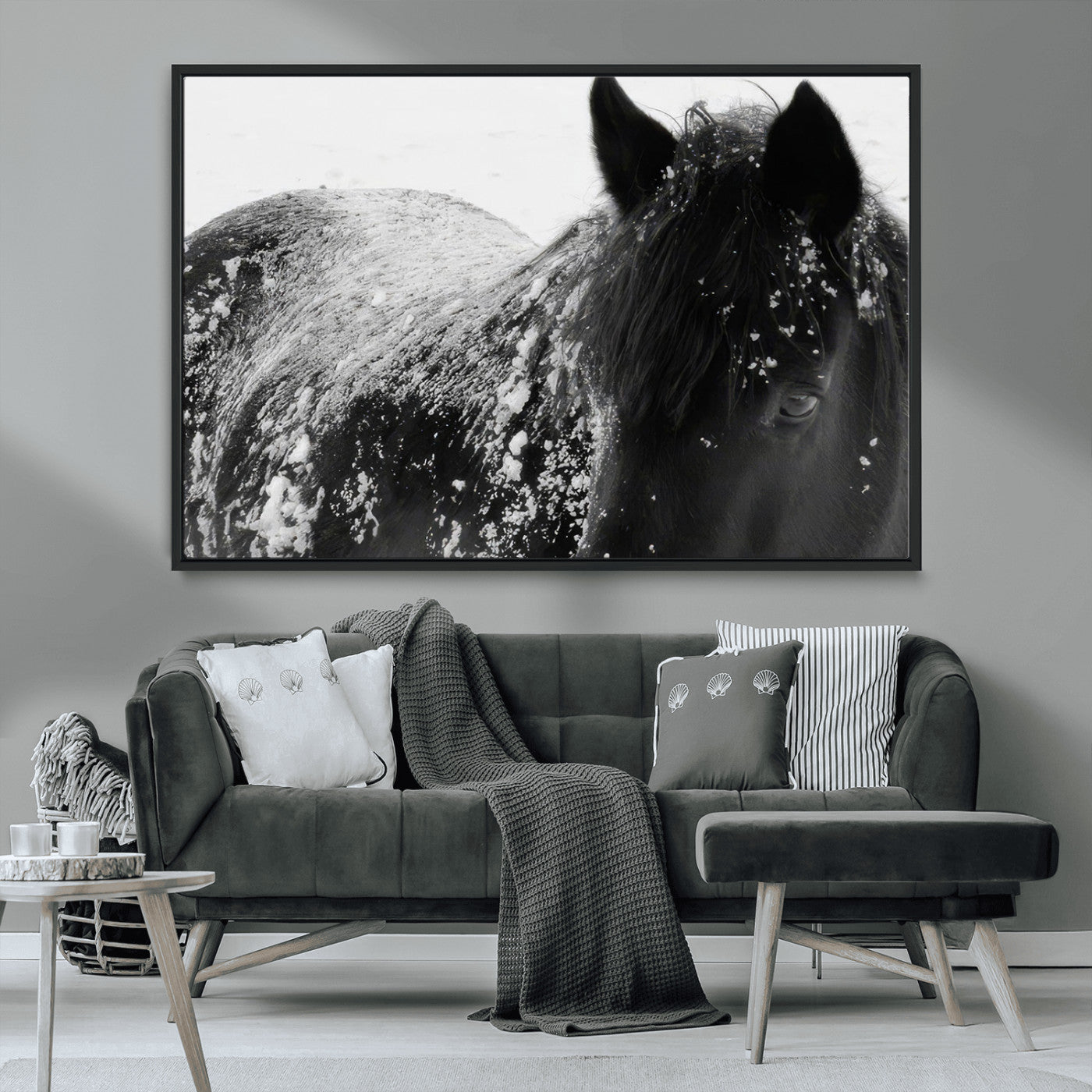 MGV-FC-36X24 - Black Horse in Snow Canvas Print | Winter Horse Wall Art | Ready to Hang and Framed | Farmhouse Wall