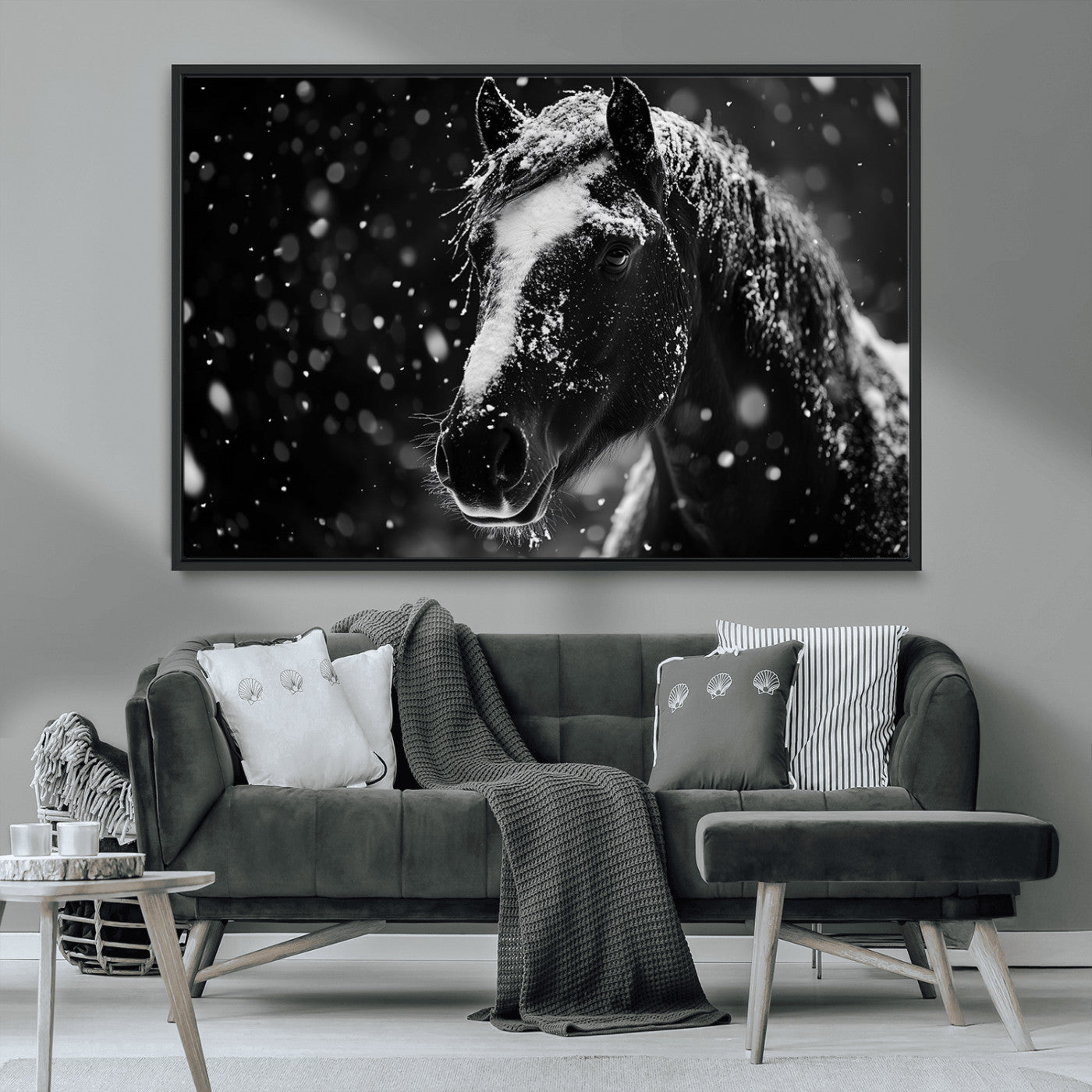 MGV-FC-36X24 - Winter Horse Wall Art | Black and White Horse Print | Ready to Hang and Framed | Farmhouse Wall Art