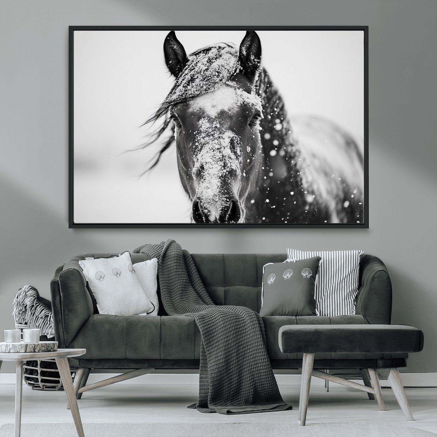 MGV-FC-36X24 - Western Wall Art | Black and White Winter Horse Wall Art | Ready to Hang and Framed | Farmhouse and