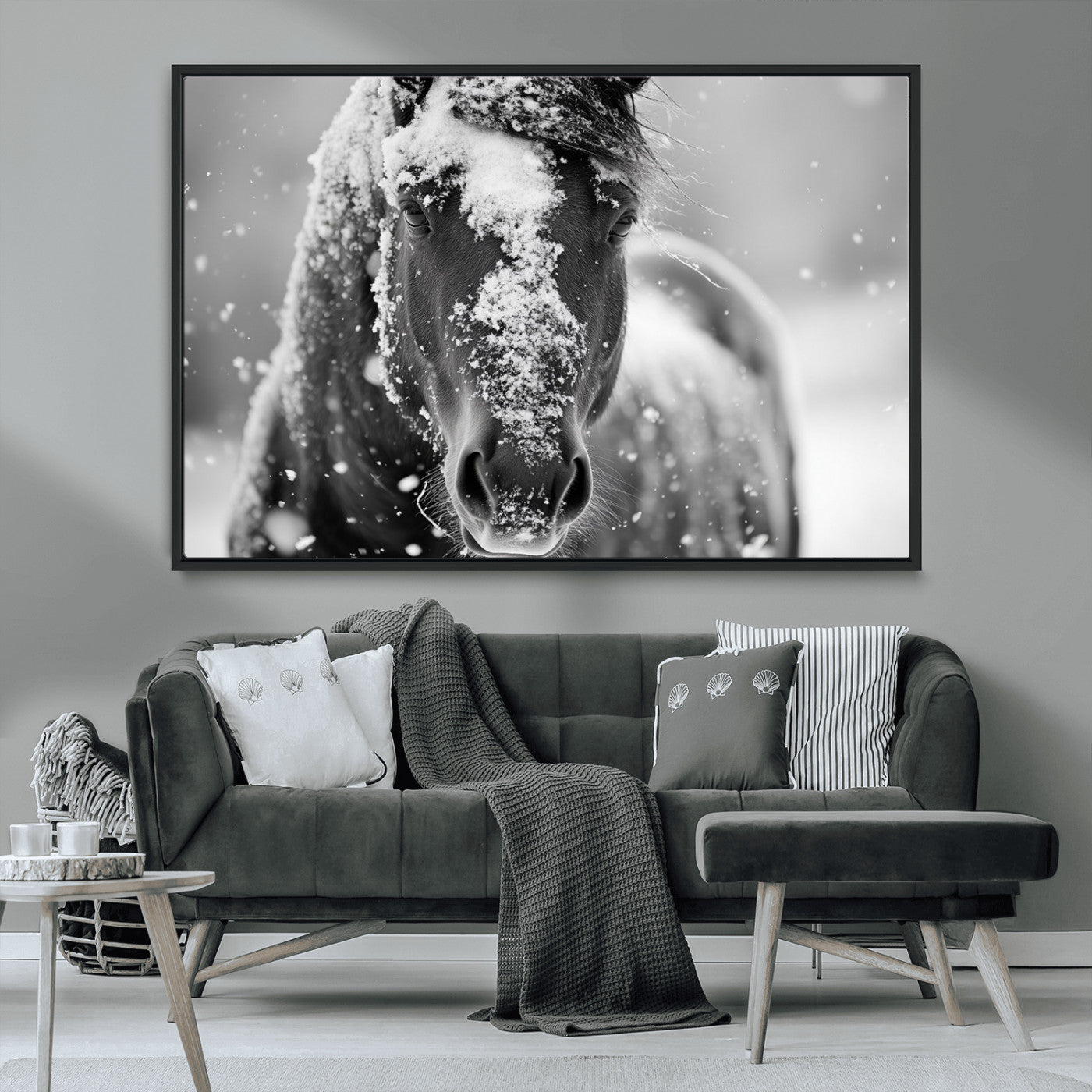 MGV-FC-36X24 - Black and White Horse Winter Wall Art | Ready to Hang and Framed | Farmhouse Wall Decor | Western