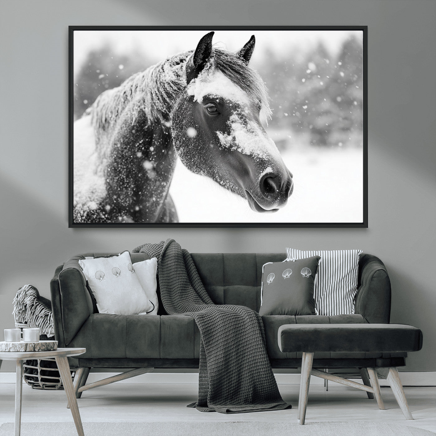 MGV-FC-36X24 - Black Horse Winter Wall Art | Ready to Hang and Framed | Farmhouse and Western Wall Decor for Living
