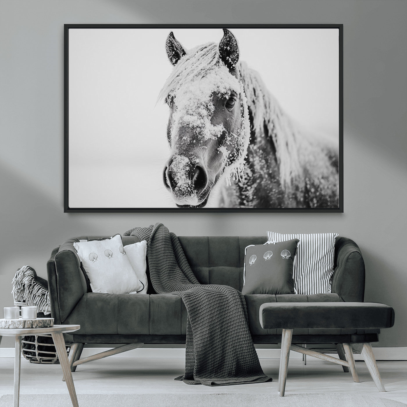 MGV-FC-36X24 - White Horse Wall Art | Ready to Hang and Framed | Winter Horse Wall Art Print for Farmhouse and