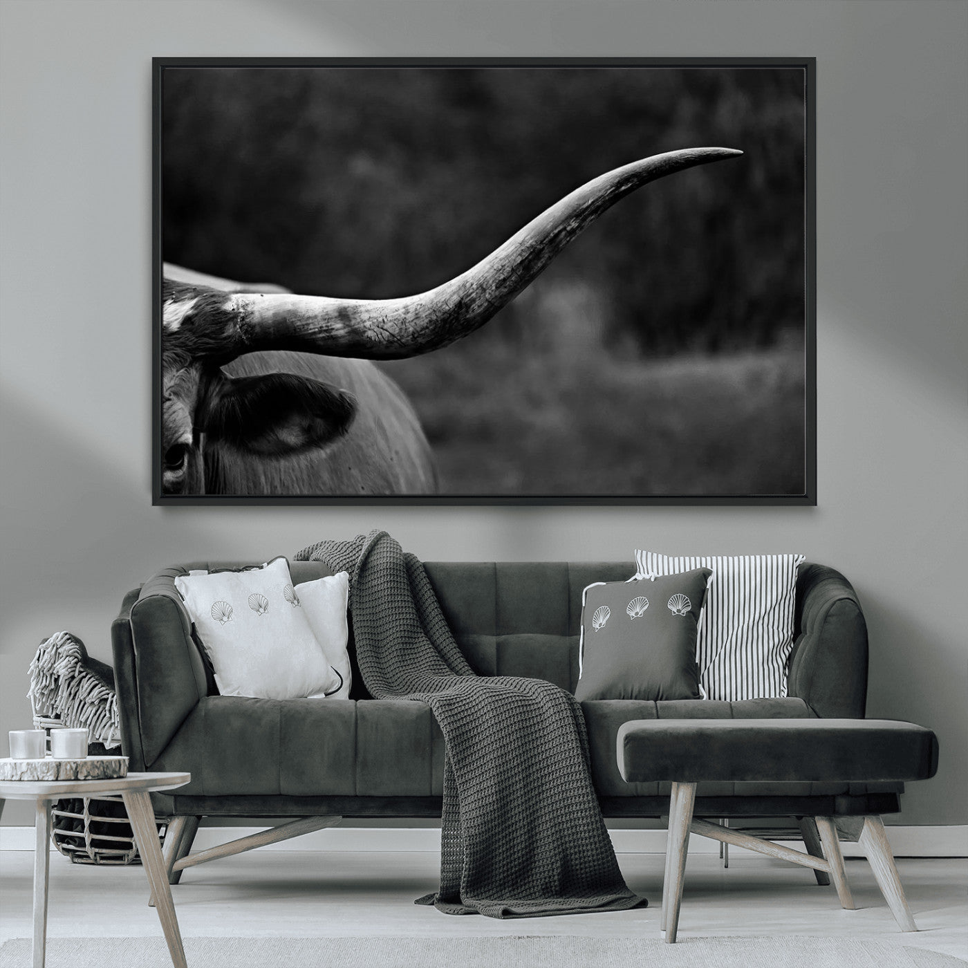 MGV-FC-36X24 - Cow Longhorn Wall Art | Black and White Print | Ready to Hang and Framed | Farmhouse Wall Decor |