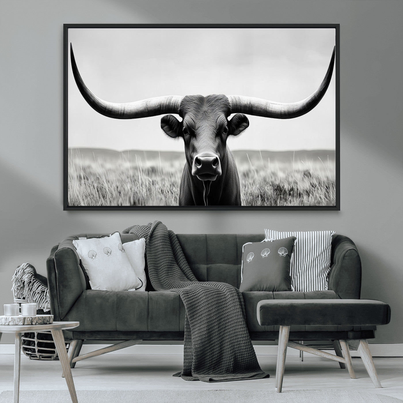 -Longhorn Bull Canvas Print | Rustic Farmhouse Wall Art | Western Decor | Ready to Hang and Framed