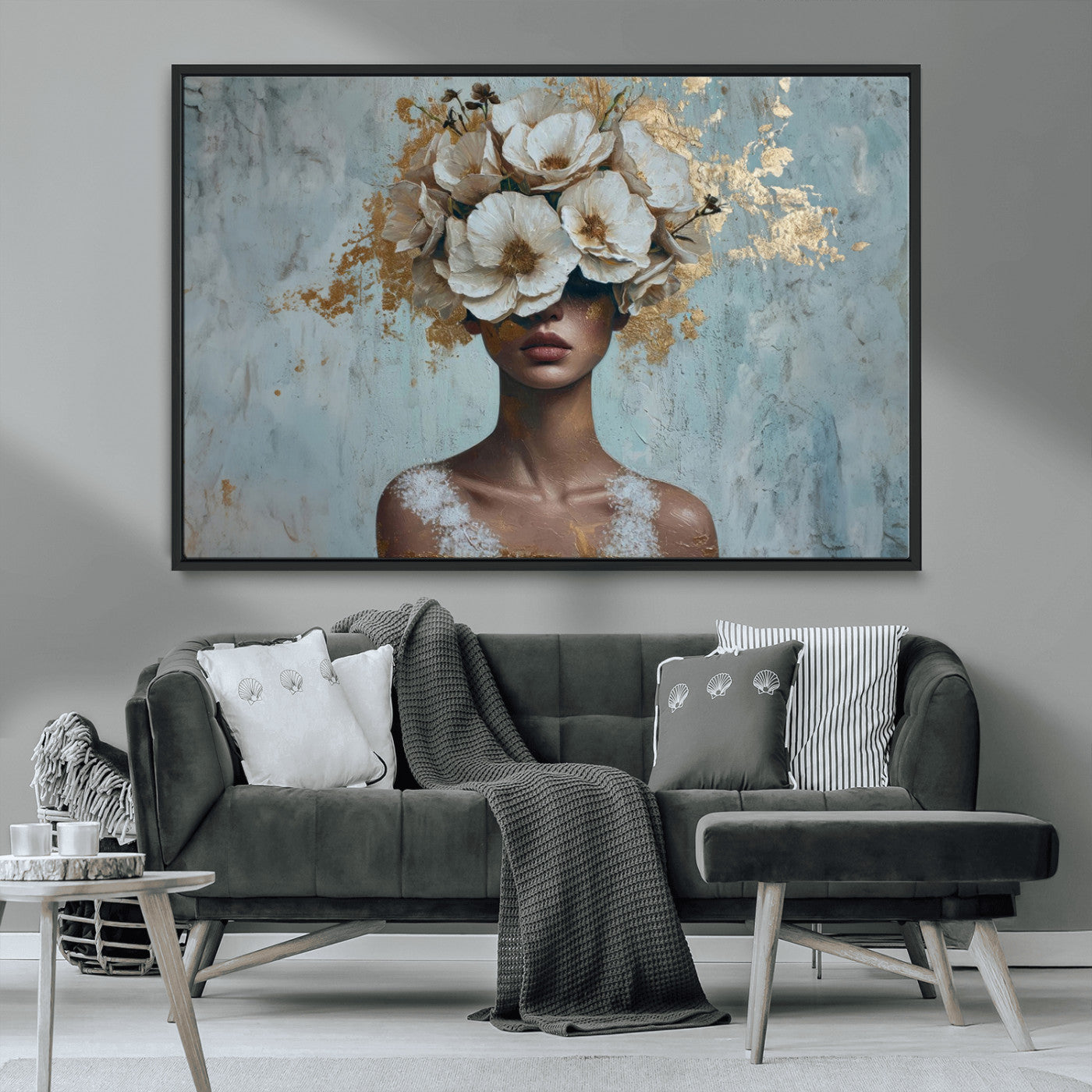 MGV-FC-36X24 - Golden Petal Wall Art - Petal Silhouette Woman Wall Art Canvas Print | Large 3-Panel Canvas with