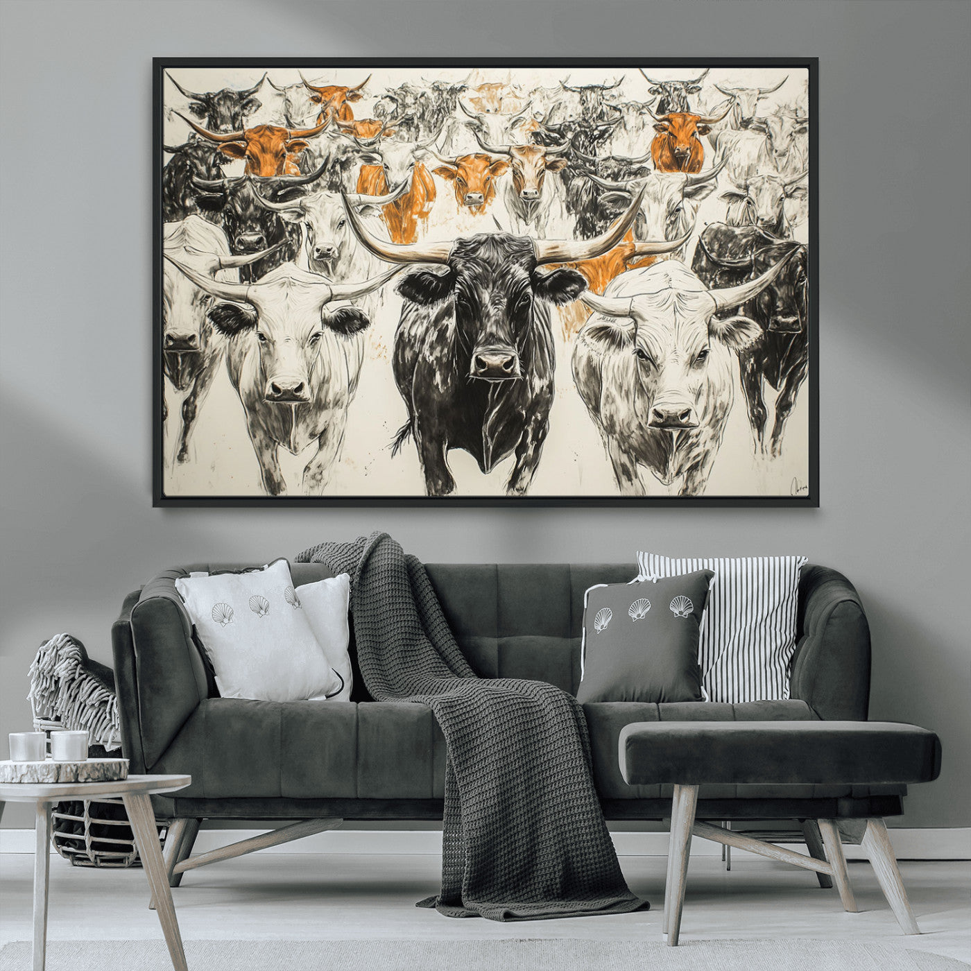 MGV-FC-36X24 - Texas Longhorn Wall Art - Herd Canvas Wall Art Print - Abstract Cow Drawing Wall Art Print for